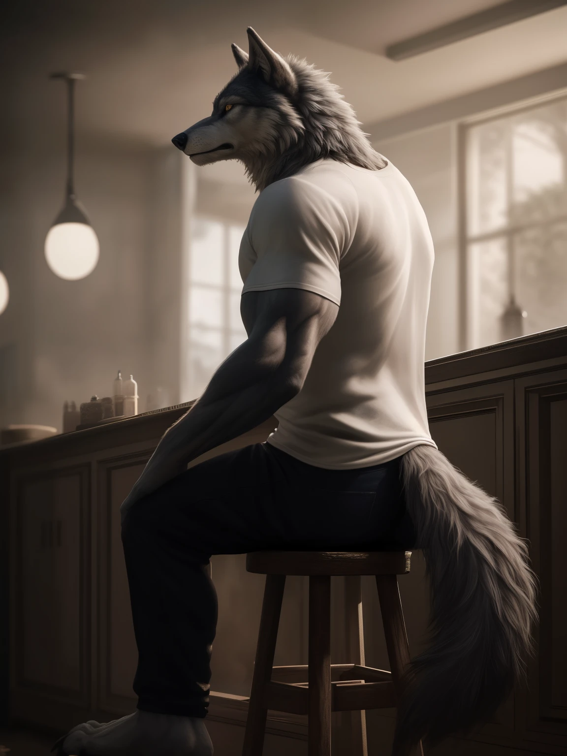 Furry muscular macho, panoramic view, wolf, muscular, tail, white t-shirt, gray fur, sitting on a stool

(best quality, 4k, highres, masterpiece:1.2), ultra-detailed, realistic:1.37, vivid colors, bokeh

Oil painting, wildlife, dark and moody color palette, dramatic lighting