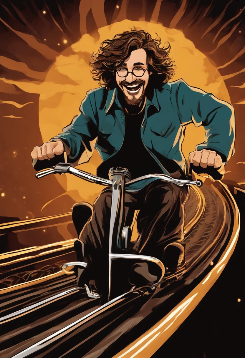 The image is of Sirius on a rollercoaster, hands in the air with an excited grin on his face as he speeds through loops and twists.,Harry Potter series,Sirius is tall with shaggy curly brown hair, with brown eyes and a goatee. Famously portrayed by Gary Oldman, male