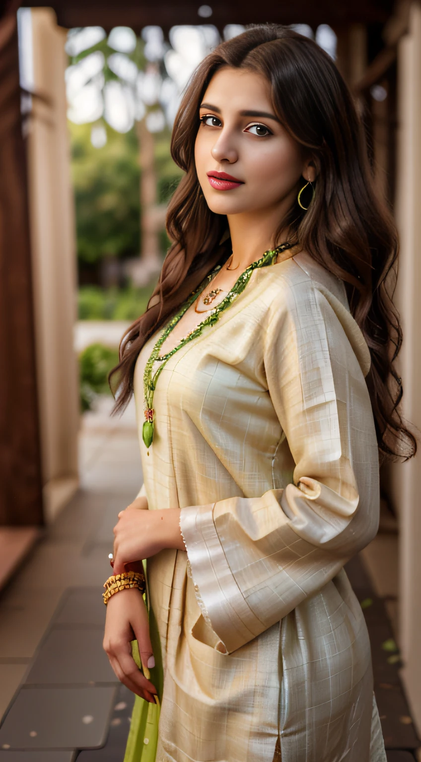 Wavy brown hair, (RAW photo, realism: 1.8), (very dark lip gloss, jet Lime lipstick, many eyelashes, dark Lime eye shadow, shy, blushing, high quality, high resolution, depth of field, chromatic aberration, caustic, wide light, natural colors, 23 year old woman), necklaces, chokers, earrings, bracelets, wear many accessories, wearing traditional Pakistani clothes, shalwar kameez, Lime color dress, soft skin, white skin, slim nose, beautiful eyes, The Casual Hip Stance poses, 8k results, high resolution, realistic, charming smile, perfect 36-26-36 figure, full body portrait, sexy look, seductively standing, black bindi