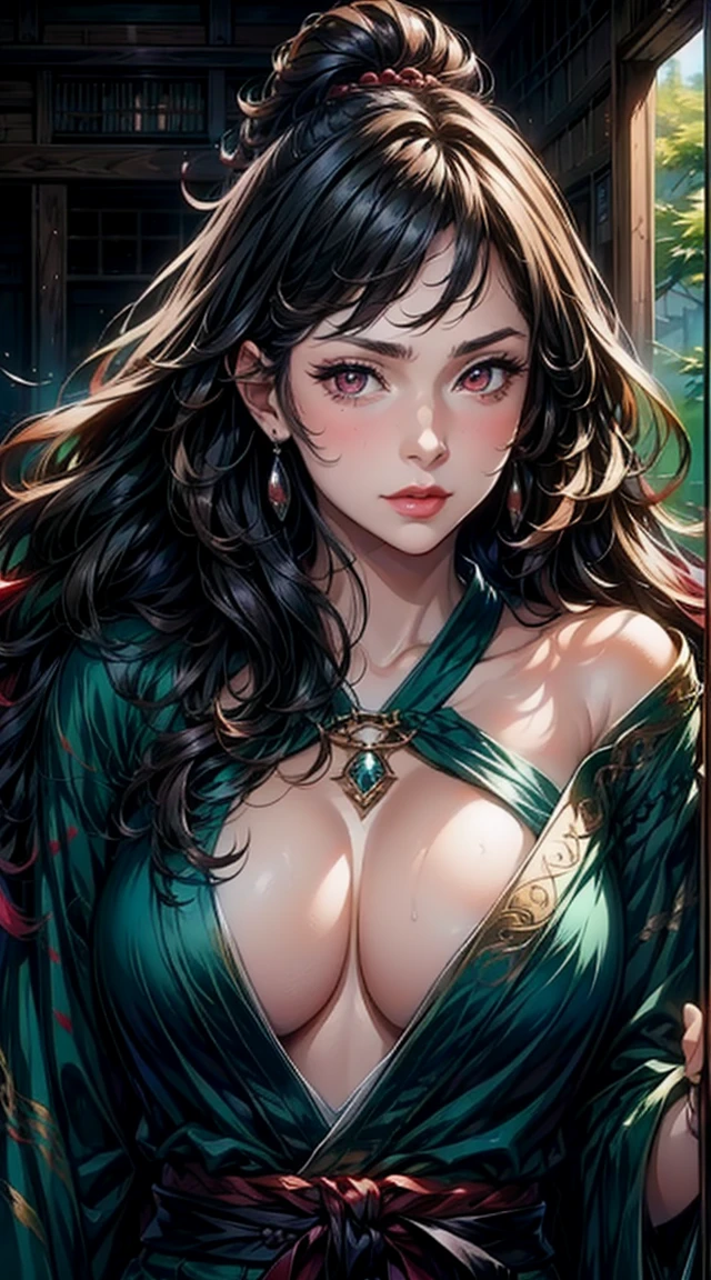 (masterpiece), 1girl, solo, best quality, expressive eyes, perfect face, upper body, beautiful face, mature woman, focused, beautiful eyes, red eyes, long hair, black hair, high ponytail, red ribbon, blue kimono, bare shoulders, cleavage, front view, close up, pink lipstick, crystal necklace, pink blush, facing viewer, grown up woman , mature face, Japanese castle