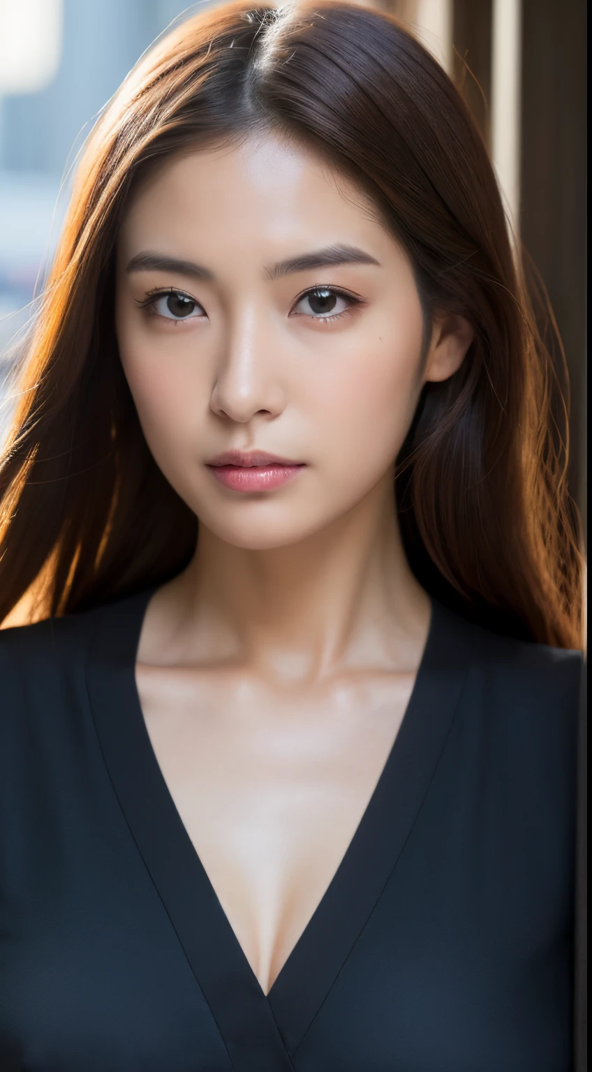 masterpiece,best quality, (one attractive milf), ((portrait:1.5)), makeup, elegant black shirt, touch own chest, ((seduction expression)), open mouth:0.1