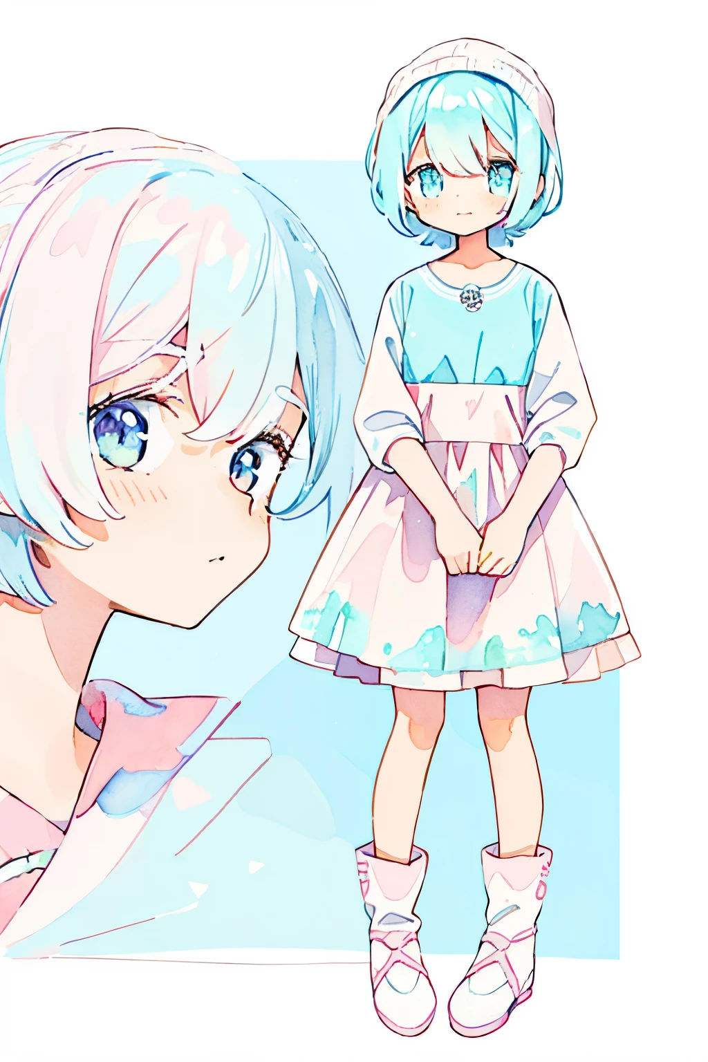 cat, fullbody,1 girl, (pastel color:1.5),(cute illustration:1.5),(watercolor:1.2),white back ground,