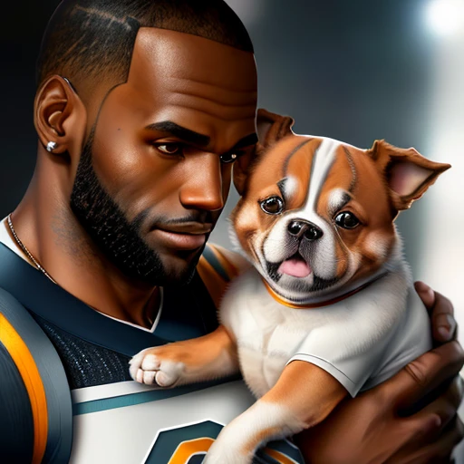 LeBron James com cachorrinho, (obra-prima: 1.3), (best_quality: 1.3), (ultra_detailed: 1.5), 8k, extremamente_claro, realismo, (ultrarealista: 1.5)