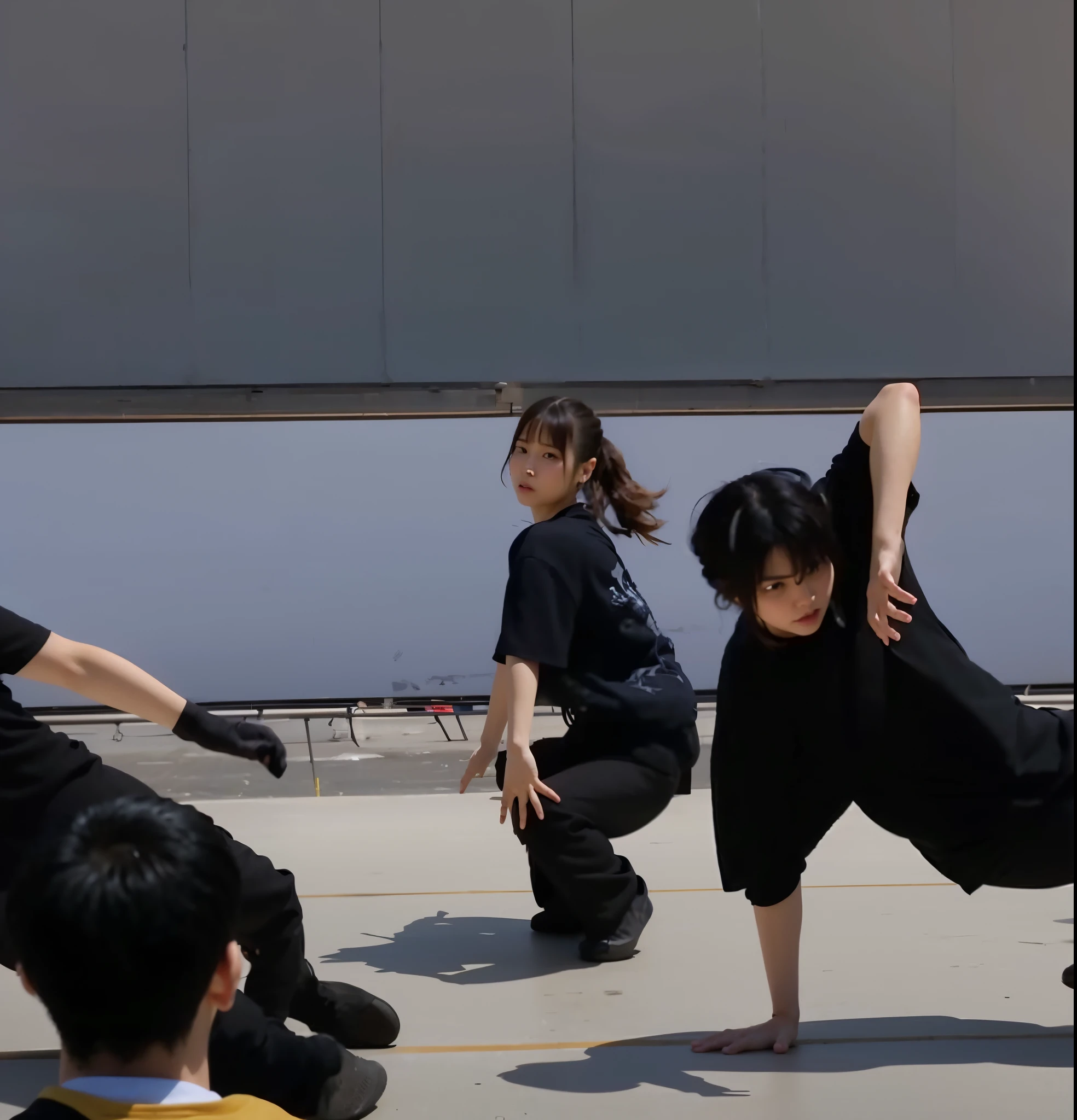 several people are doing a dance on a concrete surface, males and females breakdancing, various action poses, choreographed fight scene, choreographed, anime pose, youtube video screenshot, bullet time, various pose, yukio - e, still from a live action movie, in an action pose, takato yomamoto. 4 k, kung-fu