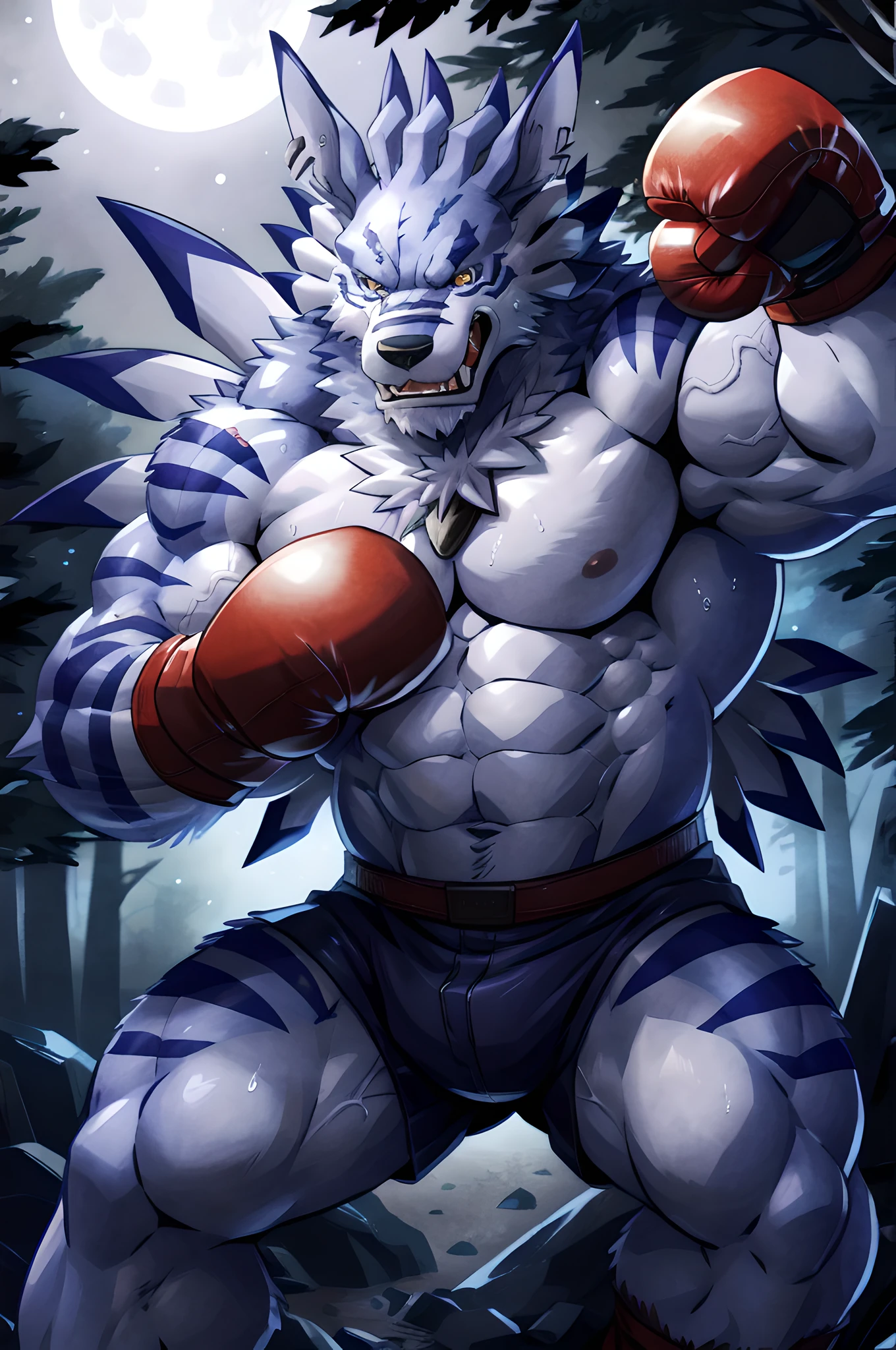 ultra quality:1.4, 4k, high resolution, best quality, color, smooth comics style, takemoto_arashi style, wfa style, solo, weregarurumon:1.0, very muscular, very heavyweight, massive build, vascular veins, anime martial arts, sweat:1.2, strong:1, masculine, (in a dark forest, night), fighting scene, dynamic scene, (wearing boxing gloves, detailed boxing gloves:1.1), detailed, detailed face, detailed eyes, bare torso