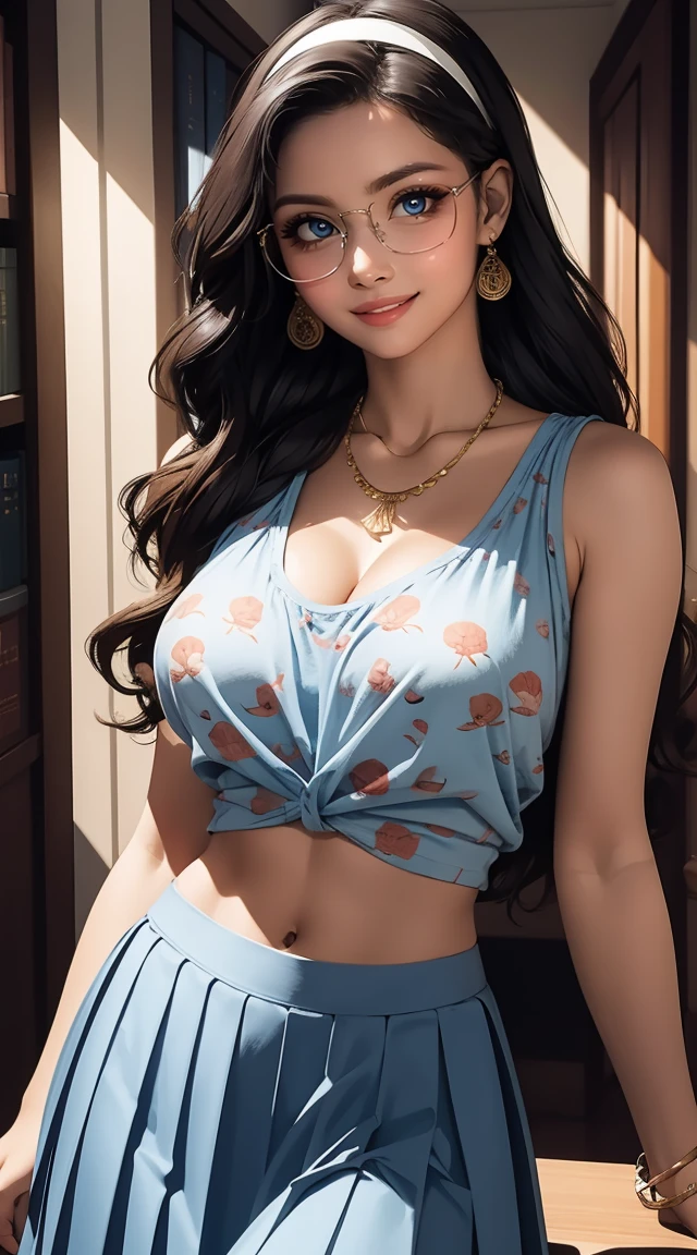 (masterpiece, best quality), 1 girl, curvaceous perfect body, nice breasts, wavy hair, hairband, glasses, printed blouse, pleated skirt, bracelet, necklace, library, natural lighting, standing pose, contrapposto, morning