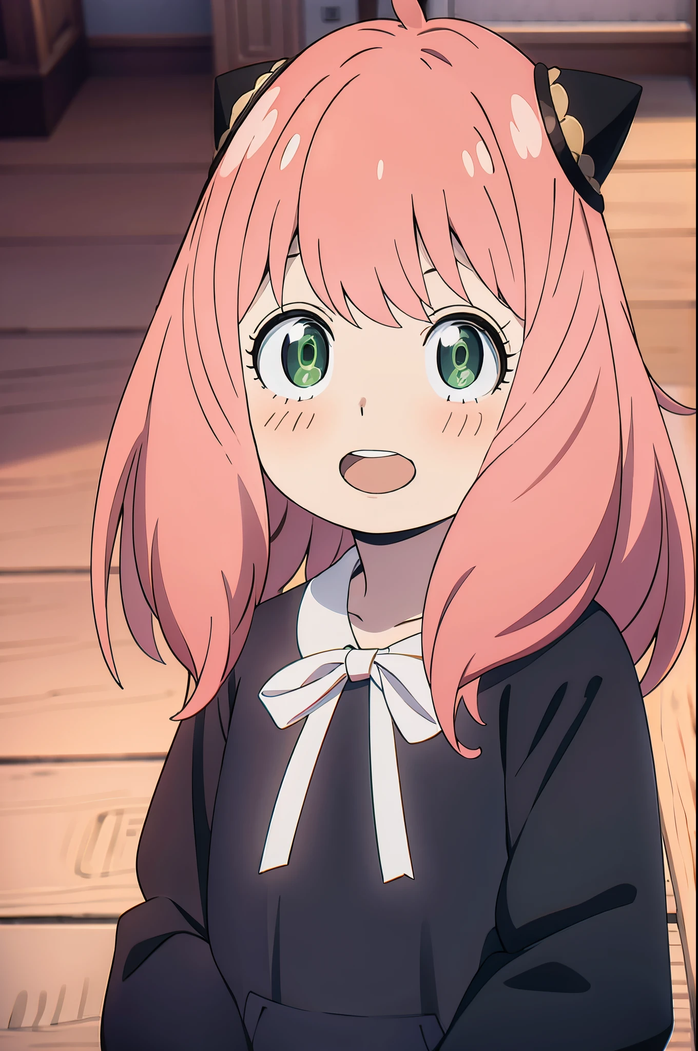 masuter piece, Best Quality, 超A high resolution, top-quality, Anime style, The best lighting, Beautiful face, Anime girl with pink hair and green eyes、Pointing something with a surprised look and a black cat hat、(1girl in:0.992)、(:D:0.583)、(bangss:0.701)、(red blush:0.584)、(verd s eyes:0.992)、(Look at viewers:0.711)、(Opening Mouth:0.760)、(A pink-haired:0.917)、(bow ribbon:0.826)、(shorth hair:0.571)、(A smile:0.855)、(独奏:0.949)、(tusk:0.770)、 (The upper part of the body:0.760)