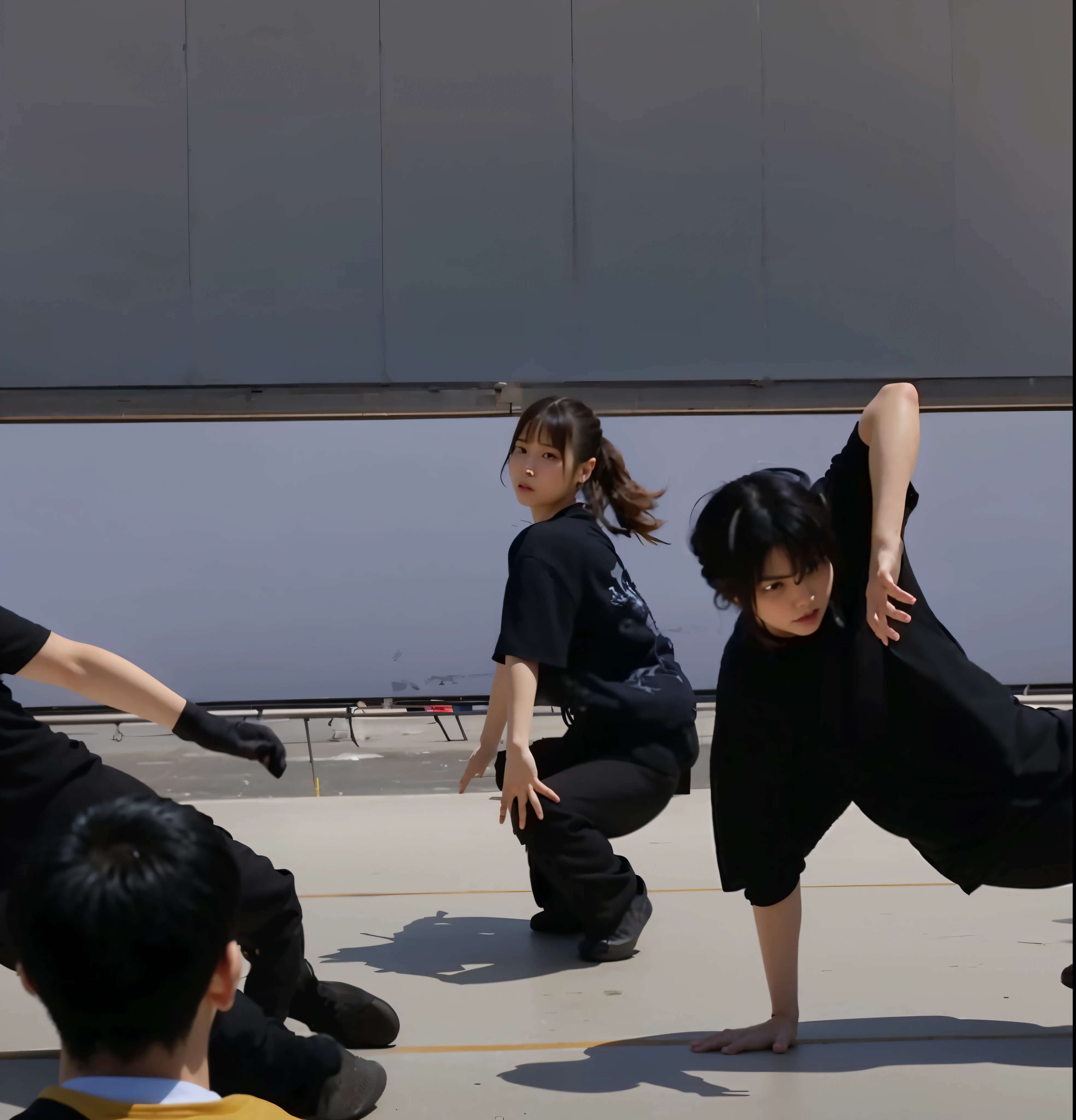 Several people are dancing on the concrete, Men's and Women's Break Dance, various action poses, Choreographed battle scenes, choreography, anime pose, youtube video screenshot, Bullet Time, Poses variadas, yukio - e, still from live action movie, in an action pose, takato yomamoto. 4 k, Kungfu