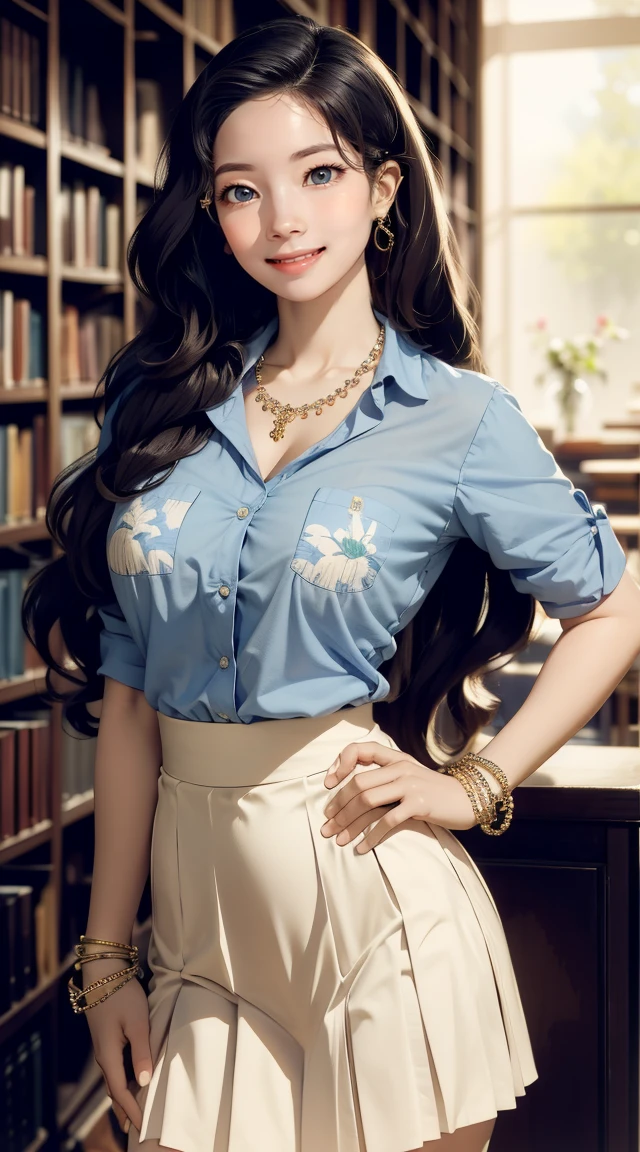 (masterpiece, best quality), 1 girl, curvaceous perfect body, nice breasts, wavy hair, hairband, glasses, printed blouse, pleated skirt, bracelet, necklace, library, natural lighting, standing pose, contrapposto, morning