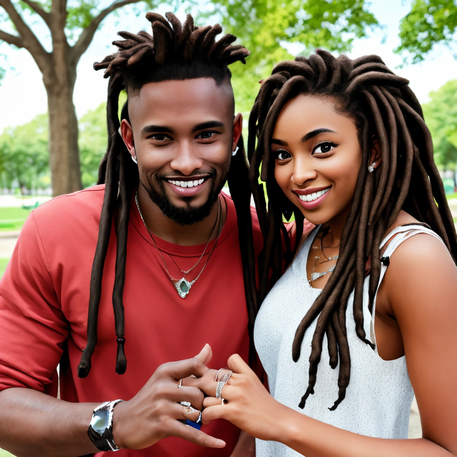 Handsome black guy with long dreads wearing a Vvs ring on each finger posing with his beautiful brown skin gf at the park
