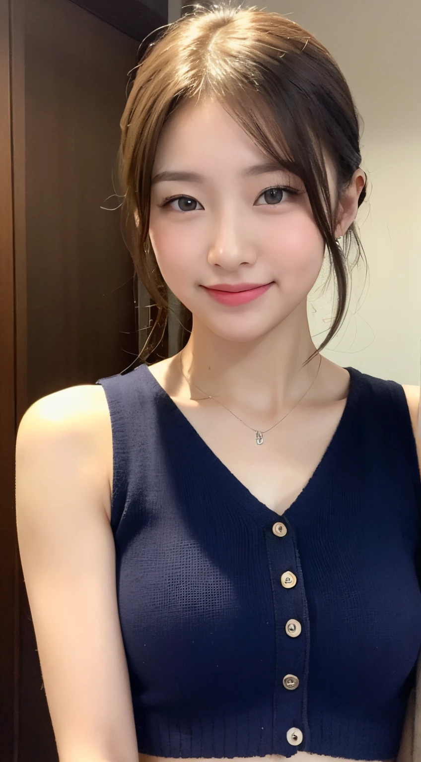 ((The highest image quality, 8K, tmasterpiece:1.3)), 1girll, Beautiful woman with slender abs:1.3, (casual hairstyle, :1.2), Low Cut Vest,Ultra-fine face, A detailed eye, 二重まぶた,ssmile。Take pictures in cute poses,The figure is very bad,tiny small waist,Super big breasts,close-up,Close-up chest,White-skinned,beatiful backgrounds