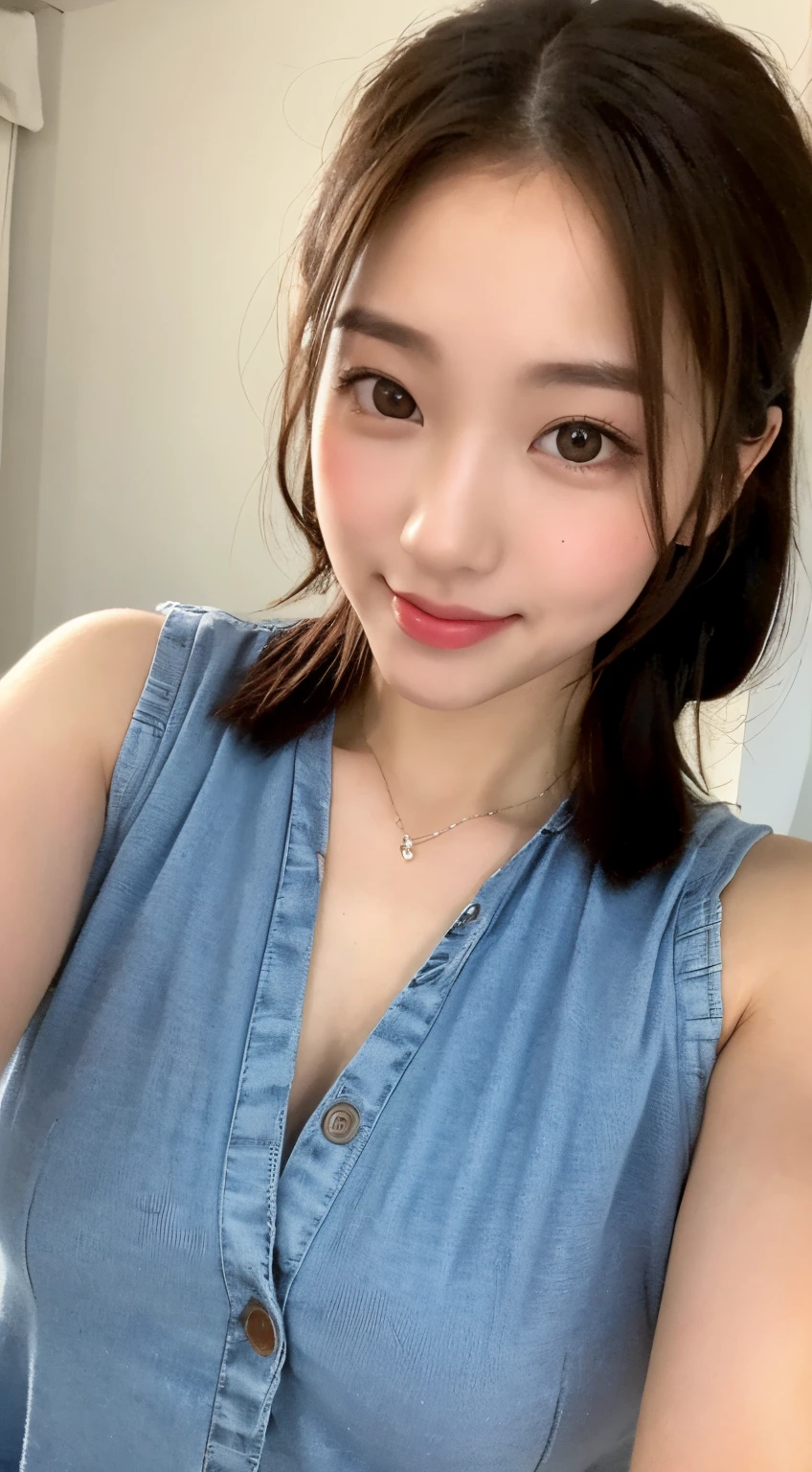((The highest image quality, 8K, tmasterpiece:1.3)), 1girll, Beautiful woman with slender abs:1.3, (casual hairstyle, :1.2), Low Cut Vest,Ultra-fine face, A detailed eye, 二重まぶた,ssmile。Take pictures in cute poses,The figure is very bad,tiny small waist,Super big breasts,close-up,Close-up chest,White-skinned,beatiful backgrounds