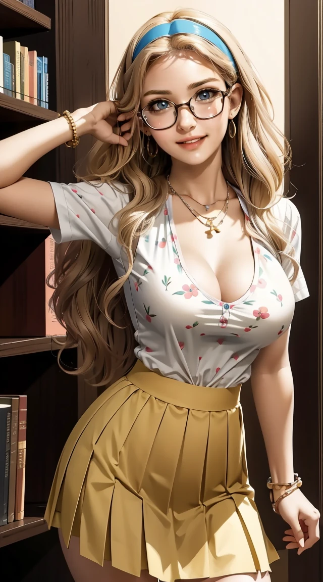 (masterpiece, best quality), 1 girl, curvaceous perfect body, nice breasts, wavy hair, hairband, glasses, printed blouse, pleated skirt, bracelet, necklace, library, natural lighting, standing pose, contrapposto, morning