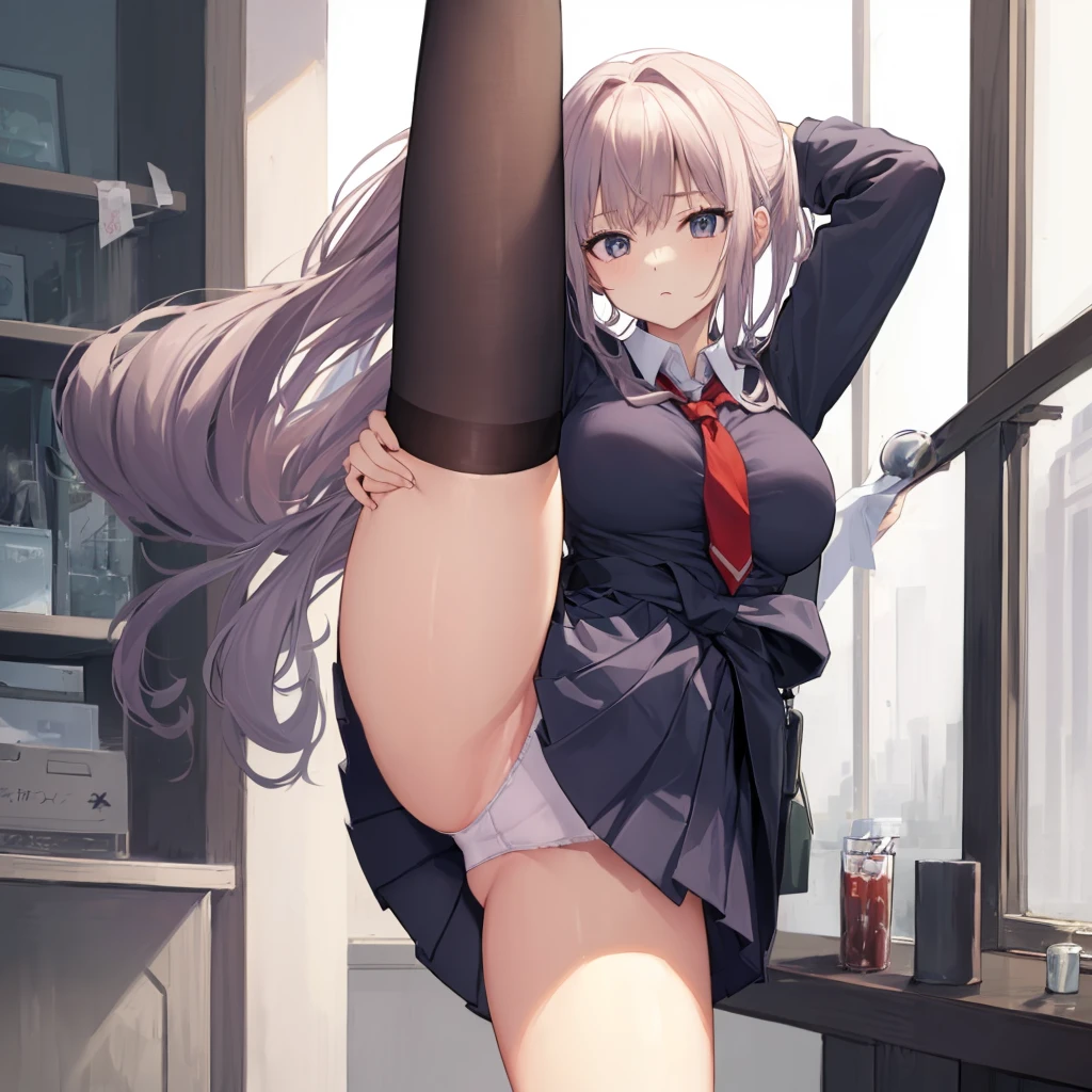 (Standing on one leg:1.2), (standing split:1.3), muscular, Hand lifting one leg, (masterpiece, best quality, ultra detailed), (beautiful stylish female:1.1, thin waist, huge breasts, thin legs, cute hips, nene, cum), (spreading legs, panties, miniskirt, school clothes ),