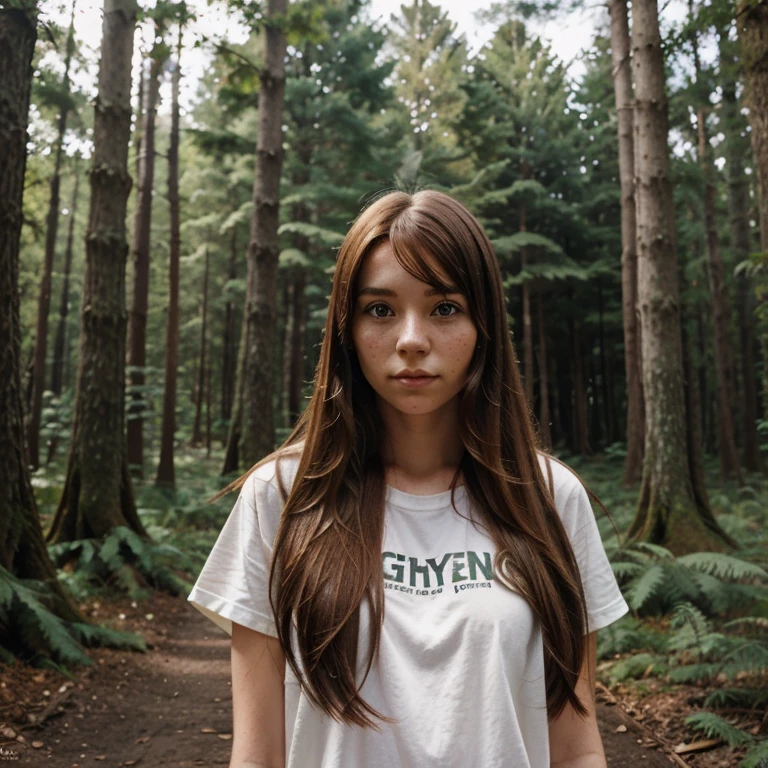 Generate, young woman with freckles, with long hair, stands against the background of the forest, style anime