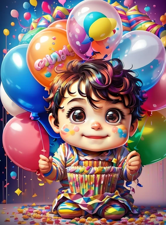 (cute baby boy with a cupcake and ballons smiling),(melhor pose),(best angle), (better expression), Eduardo Kobra acolchoamento ,multidimensional geometric wall PORTRAIT, arte, Chibi,
Yang08k, lindo, Colouring,
Primary works, qualidade superior, melhor qualidade, Arte Oficial, Beautiful and Aesthetic, pelos coloridos,