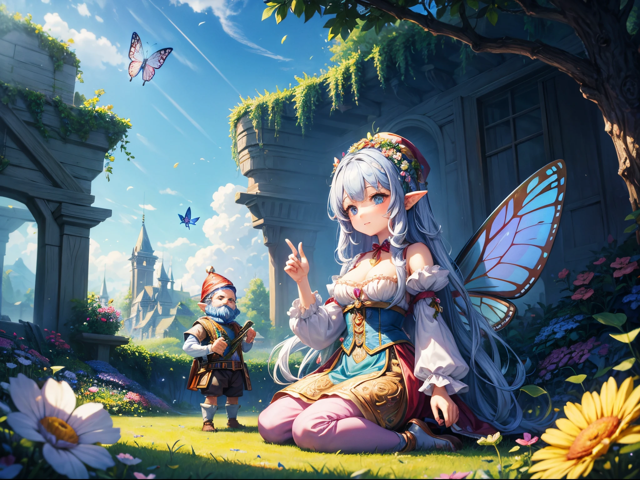 Craft a fairy tale landscape where quirky Leonardo AI gnomes tend to a garden of mechanical flowers that bloom in fractal patterns, with gear-driven butterflies fluttering about, all set against a pastel sky with floating clockwork islands. enormous tits