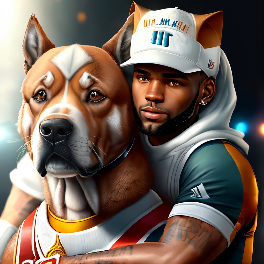 LeBron James com cachorrinho, (obra-prima: 1.3), (best_quality: 1.3), (ultra_detailed: 1.5), 8k, extremamente_claro, realismo, (ultrarealista: 1.5)