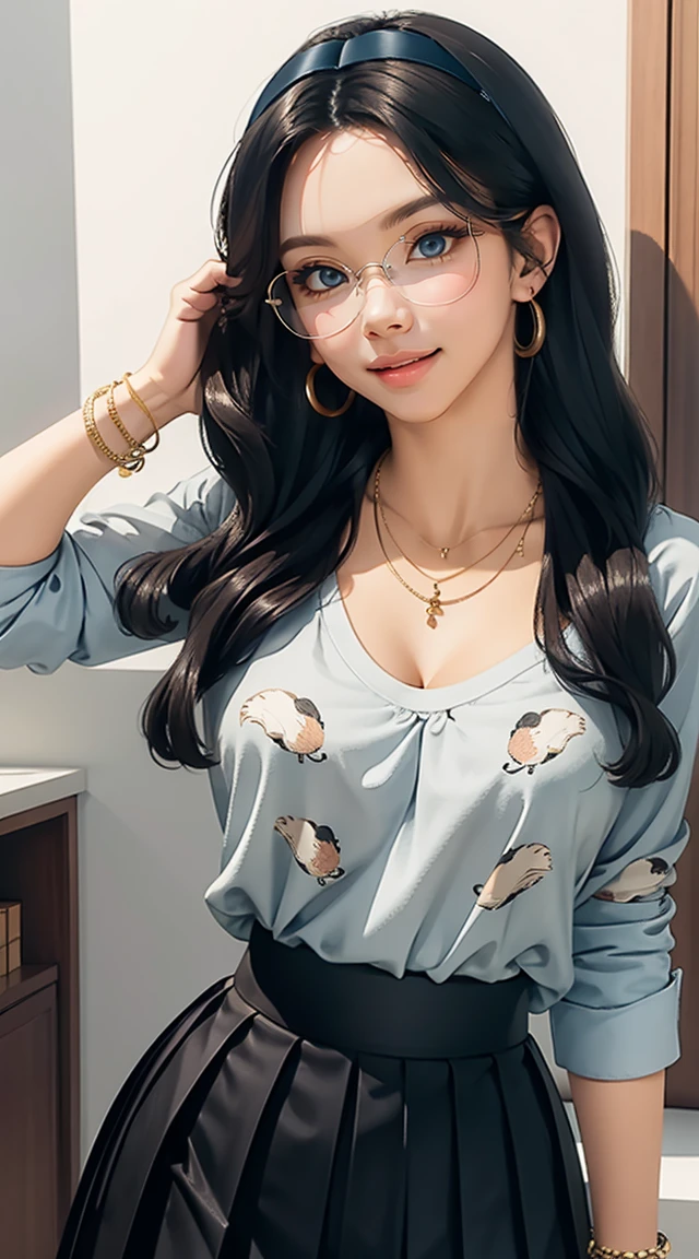 (masterpiece, best quality), 1 girl, curvaceous perfect body, nice breasts, wavy hair, hairband, glasses, printed blouse, pleated skirt, bracelet, necklace, library, natural lighting, standing pose, contrapposto, morning