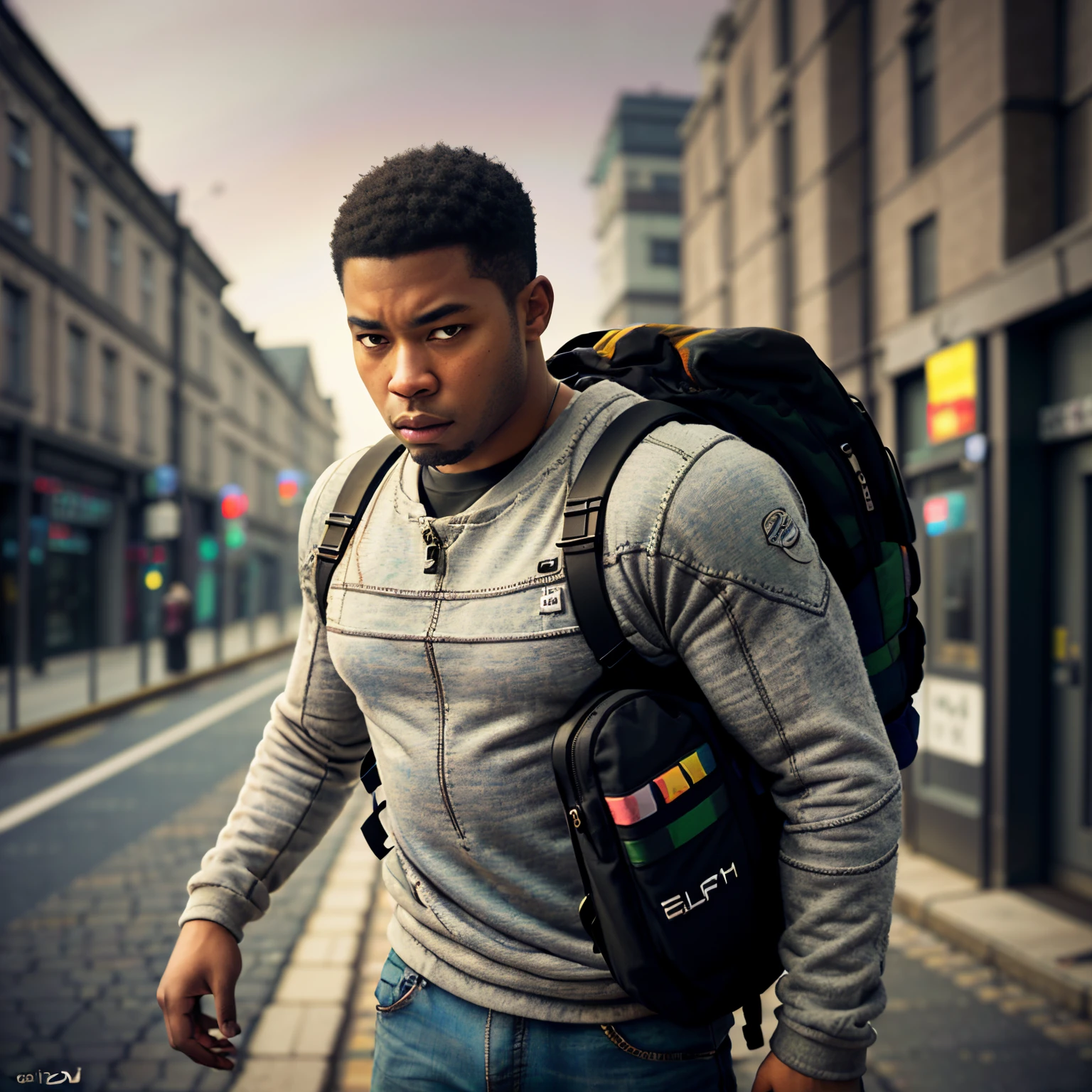 Strong and muscular black man, angry street, backpack, realistic epic, photo, faded, complex things around, intricate background, neutral colors, ((((HDR)))), ((((soft colors)))), intricate scene, artistic station, intricate details, vignette