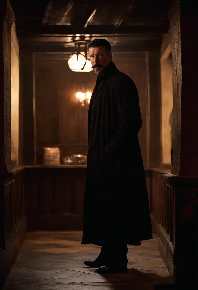 A shadowy figure in the corner of a dimly lit tavern, eavesdropping on hushed conversations,Game of Thrones,Petyr is tall and wears fine coats, with black hair streaked with grey, with a moustache and short goatee. Famously portrayed by Aidan Gillen, male