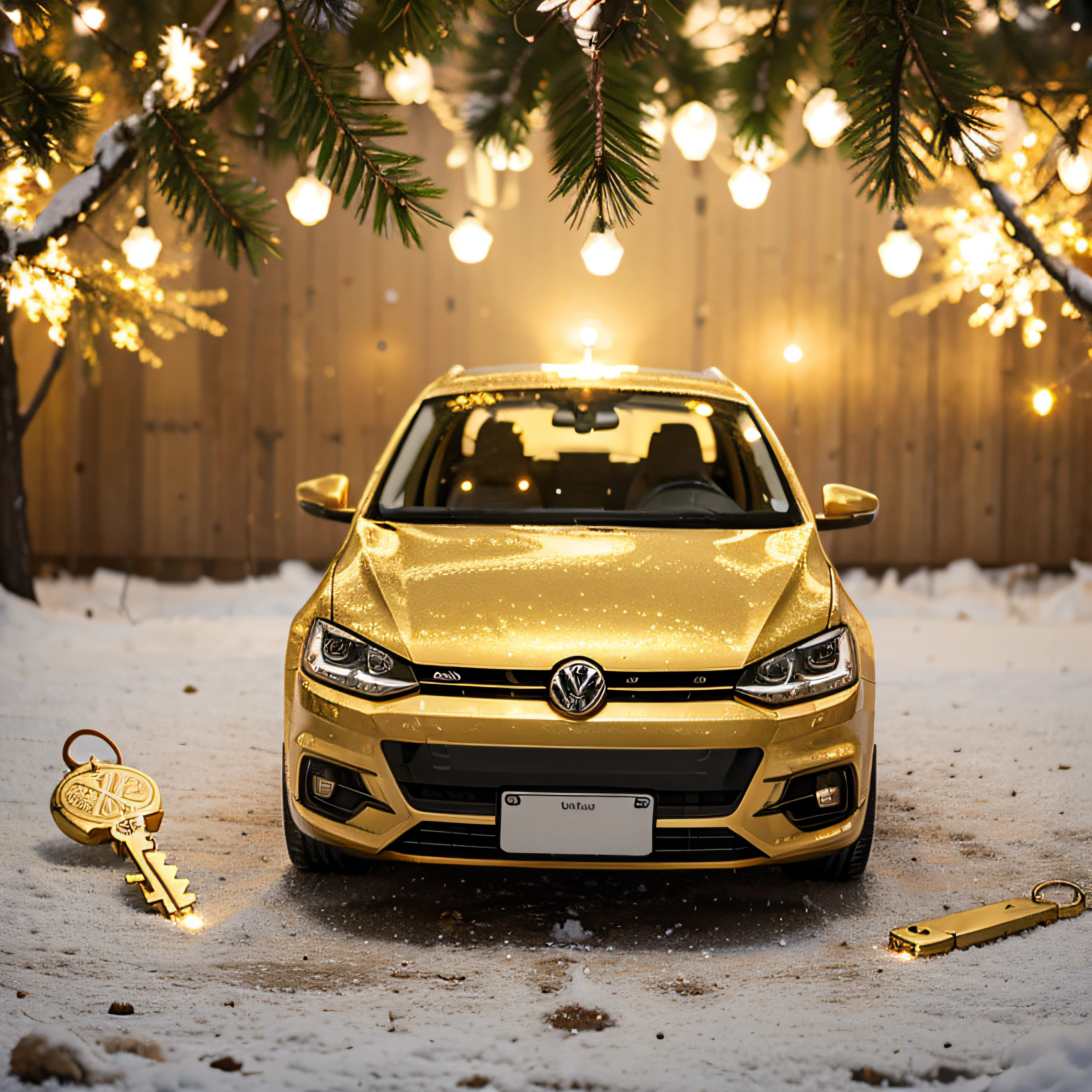 [A golden Volkswagen car key in evidence] [material de ouro] [com uma luz ao redor] [brilhos em forma de floco de neve] [Clima natalino] [foto realista] [por alex1shved]