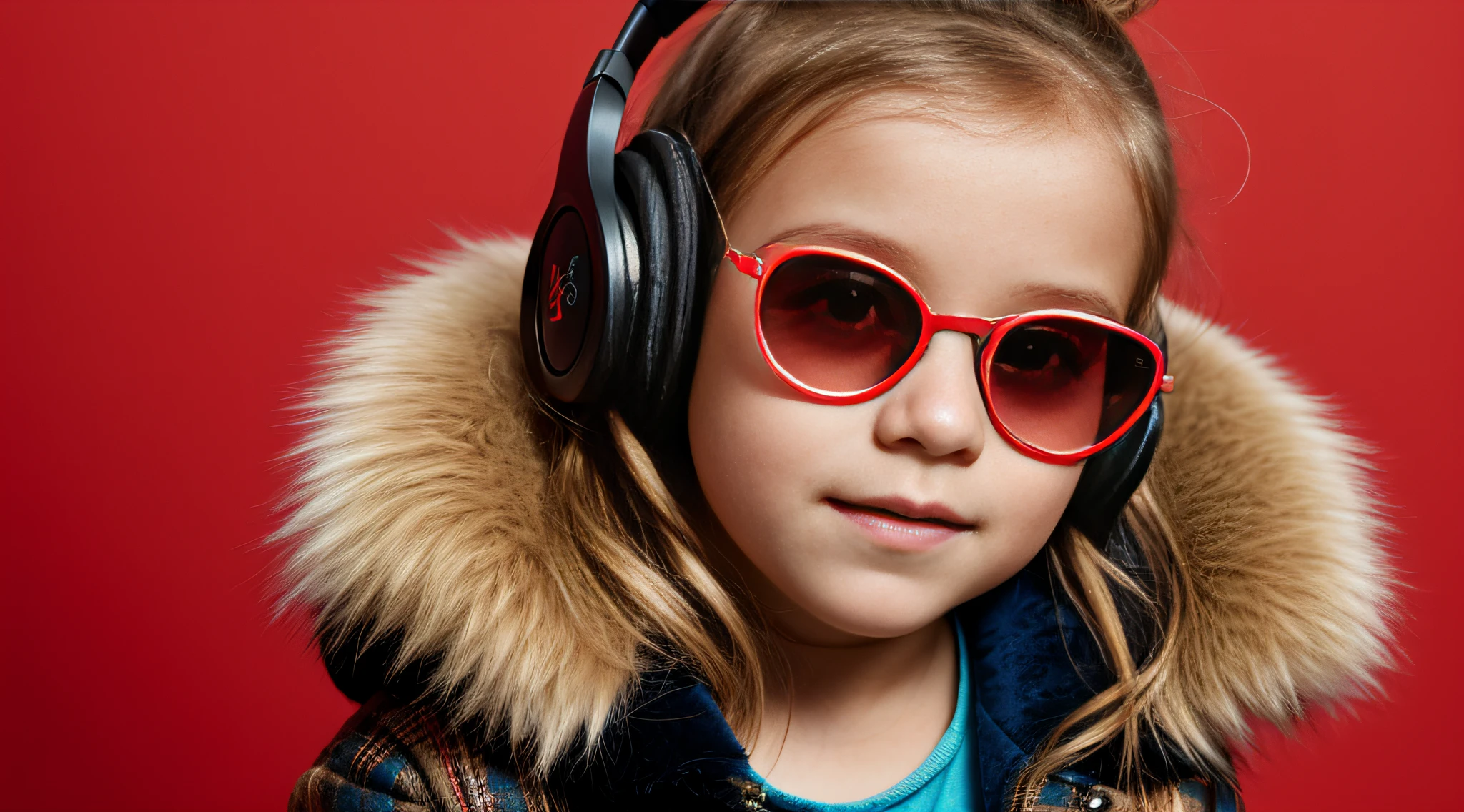 close-up CHILD BLONDE GIRL WITH HAIRBUN, with red fur coat and sunglasses, Headphone. fundo vermelho, fundo escuro