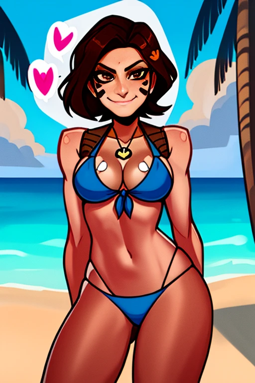 best quality, 1girl, brown hair, brown eyes, medium breasts, front tie bikini top, (blue, bikini), arm behind back, peace sign, arrogant smile, sun, on beach, spoken heart, (face paint:0.9), Deeva \(overwatch 1 version\), no headwear,