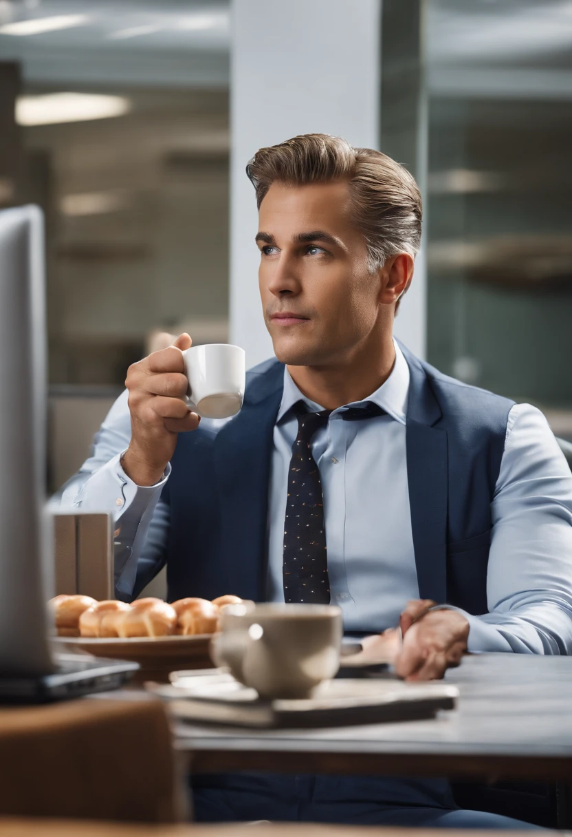 A photo of a desk with a half-eaten donut and an empty coffee cup,Office Space,Lumbergh is typically seen in a business-casual attire, sporting a white collared shirt, suspenders, and off-color tie. His hair is neatly combed back, and he is almost always seen carrying a coffee mug, further emphasizing his corporate persona. He drives a blue Porsche 911. , male