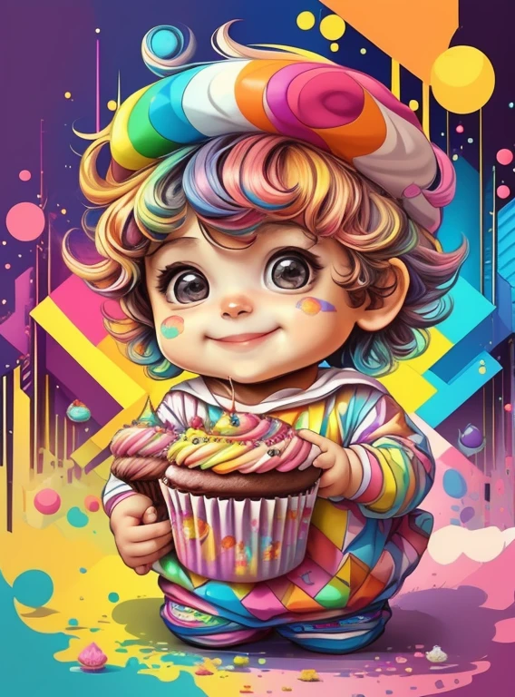 (cute baby boy with a cupcake smiling),(melhor pose),(best angle), (better expression), Eduardo Kobra acolchoamento ,multidimensional geometric wall PORTRAIT, arte, Chibi,
Yang08k, lindo, Colouring,
Primary works, qualidade superior, melhor qualidade, Arte Oficial, Beautiful and Aesthetic, pelos coloridos,