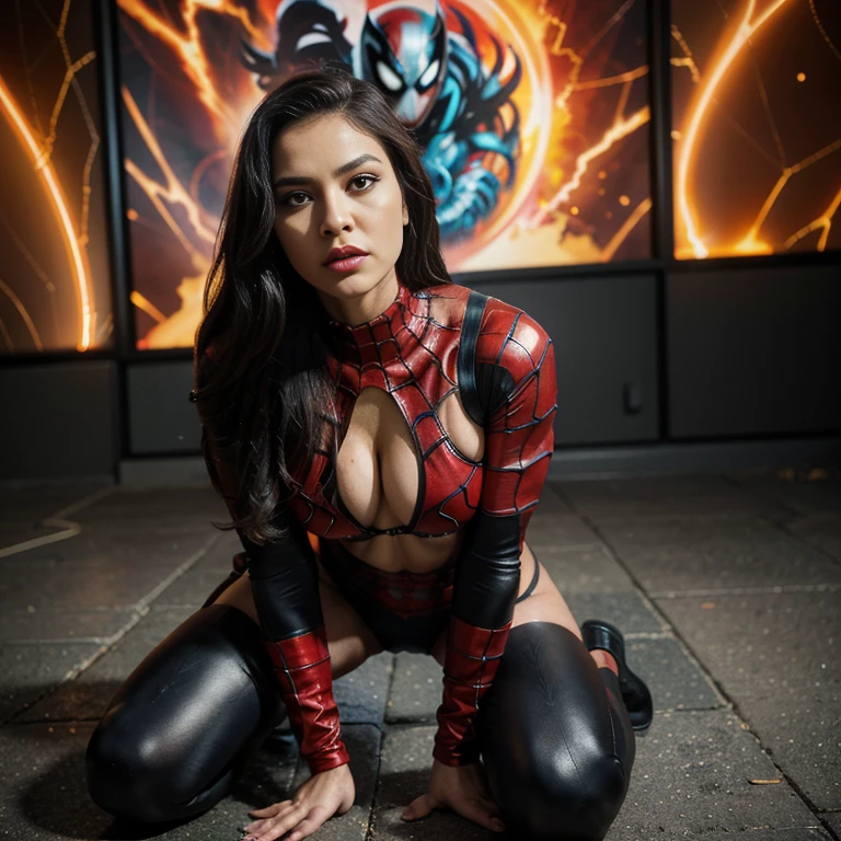 Generate a visually stunning image with maximum quality and intricate detail, employing a unique animation style. Ilustre um close-up, colorful painting from a low angle view, portraying the Venom-possessed Spider-Woman in an intense battle against a formidable villain. Emphasize the dynamic essence of the struggle, showing Spider-Woman's symbiote-infused appearance, capturing his fluid movements and Venom's menacing presence.
A cena se desenrola contra um fundo de parede coberto de grafites, incorporando o estilo de arte distinto de Carne Griffiths. Mulher-Aranha, in a lace swimsuit under a red jacket, faz uma pose poderosa de costas para um supermercado. Her outfit includes leather boots and fishnet stockings., highlighting your elegant and formidable physique. The image emphasizes his superheroic attributes without explicit details.
Pay meticulous attention to hyper-detailed facial expression, ensuring it embodies the intensity of the battle and the character's emotions. Adopt a comedic style approach, transforming Spider-Woman into a central poster girl with insane details and intricate features.
Employ soft cinematic light with dim colors, criando um ambiente de baixo contraste. Use exposure mixing, HDR Techniques, and front lighting to increase realism. A imagem deve ser uma obra-prima, ultra-high resolution, e da mais alta qualidade, effectively conveying the energy and excitement of this epic Marvel Universe battle.