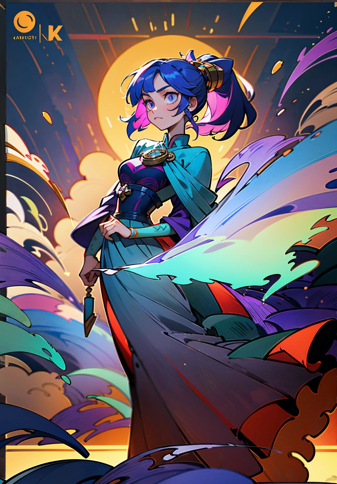 A beautiful young woman, long blue-purple hair, long bangs, ponytail, sharp gaze, a serious expression, a slender and athletic figure, a fantasy martial arts-style two-piece outfit, a fitted qipao-style long skirt, a blue-purple long cloak that almost covers her entire body, adorning her chest is an exquisite jade decorative brooch, purple mist swirls around her, a mysterious atmosphere, this character embodies a finely crafted fantasy martial arts-style female warrior in anime style, exquisite and mature manga art style, high definition, best quality, highres, ultra-detailed, ultra-fine painting, extremely delicate, professional, anatomically correct, symmetrical face, extremely detailed eyes and face, high quality eyes, creativity, RAW photo, UHD, 8k, Natural light, cinematic lighting, masterpiece-anatomy-perfect, masterpiece:1.5