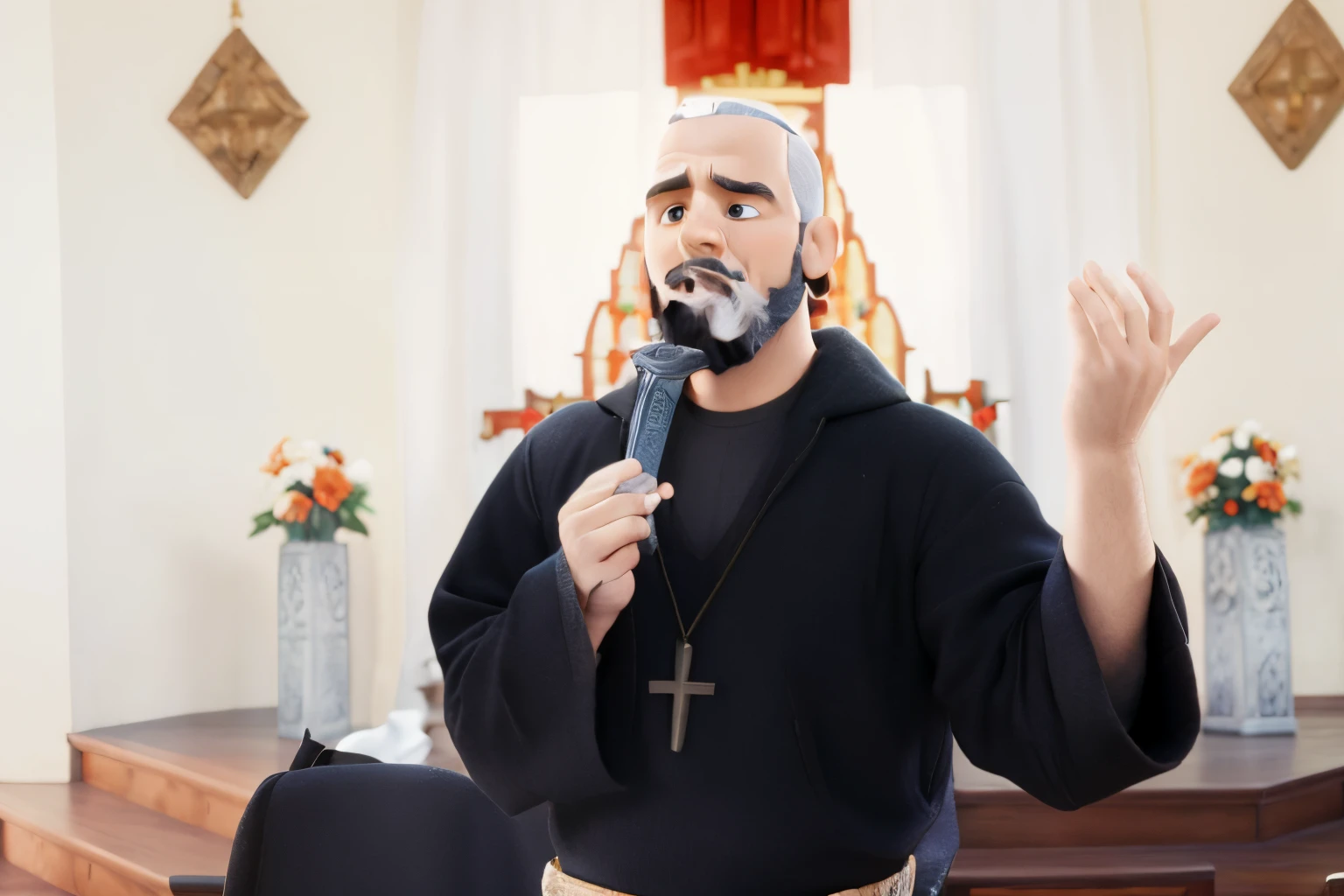 religioso masculino, vestes pretas, Velho, barba, brown hair, colar de cruz, Religion, igreja no fundo, dramatic lighting, cinematic angle, UHD, p extremamente detalhado, careca no estilo disney pixar, alta qualidade, melhor qualidade