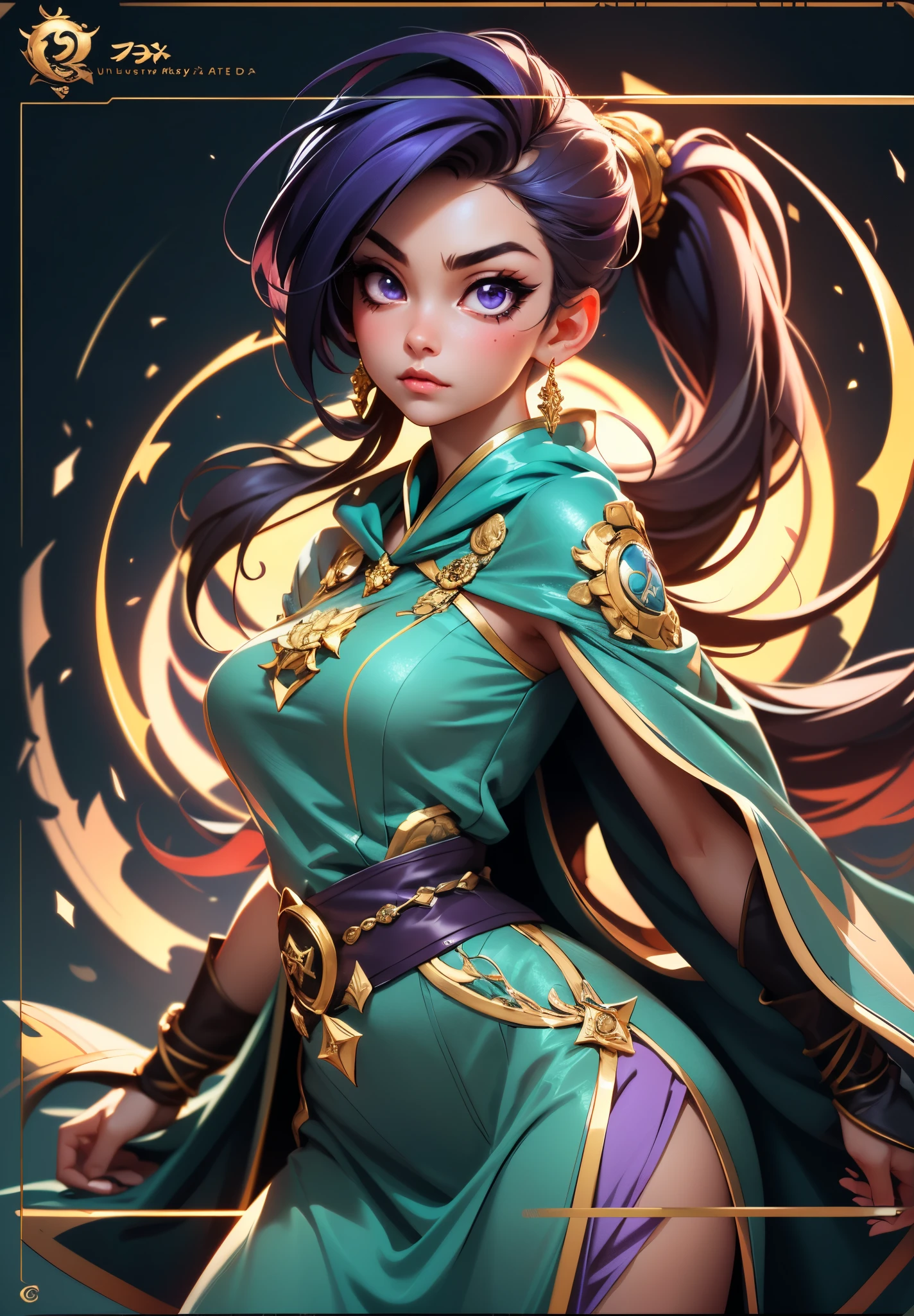 A beautiful young woman, long blue-purple hair, long bangs, ponytail, sharp gaze, a serious expression, a slender and athletic figure, a fantasy martial arts-style two-piece outfit, a fitted qipao-style long skirt, a blue-purple long cloak that almost covers her entire body, adorning her chest is an exquisite jade decorative brooch, purple mist swirls around her, a mysterious atmosphere, this character embodies a finely crafted fantasy martial arts-style female warrior in anime style, exquisite and mature manga art style, high definition, best quality, highres, ultra-detailed, ultra-fine painting, extremely delicate, professional, anatomically correct, symmetrical face, extremely detailed eyes and face, high quality eyes, creativity, RAW photo, UHD, 8k, Natural light, cinematic lighting, masterpiece-anatomy-perfect, masterpiece:1.5