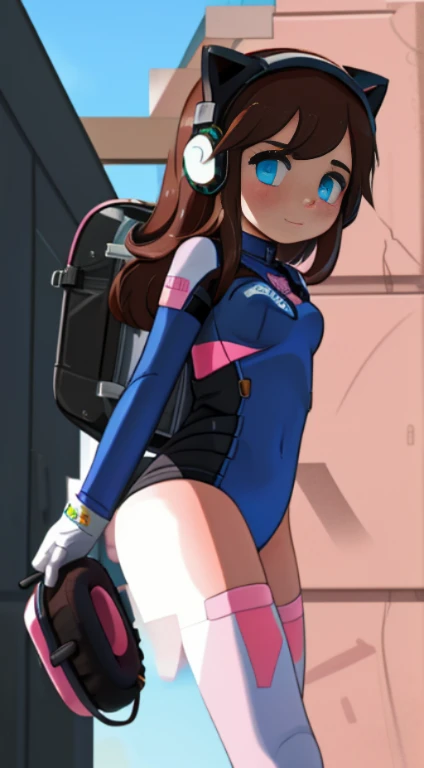 Masterpiece, Best Quality, High Resolution, 1Girl, Ultra High Resolution, Solo, Mecha Pilot, D.VA, Headphones, Pink Eyes, Cat Face Adornament, Blue Tights, Brown Hair, White Gloves,