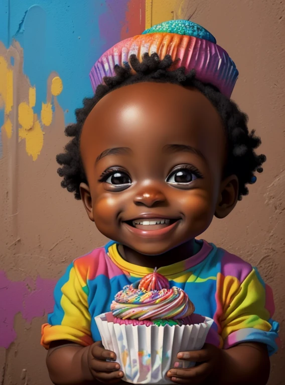 (cute black  with a cupcake smiling),(melhor pose),(best angle), (better expression), Eduardo Kobra acolchoamento ,multidimensional geometric wall PORTRAIT, arte, Chibi,
Yang08k, lindo, Colouring,
Primary works, qualidade superior, melhor qualidade, Arte Oficial, Beautiful and Aesthetic, pelos coloridos,