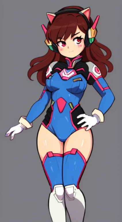 Masterpiece, Best Quality, High Resolution, 1Girl, Ultra High Resolution, Solo, Mecha Pilot, D.VA, Headphones, Pink Eyes, Cat Face Adornament, Blue Tights, Brown Hair, White Gloves,