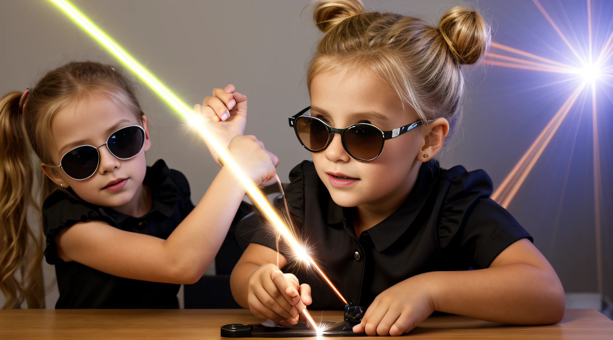 close-up CHILD BLONDE GIRL WITH HAIRBUN, in a black blouse and sunglasses, a laser is being used to illuminate a circle,