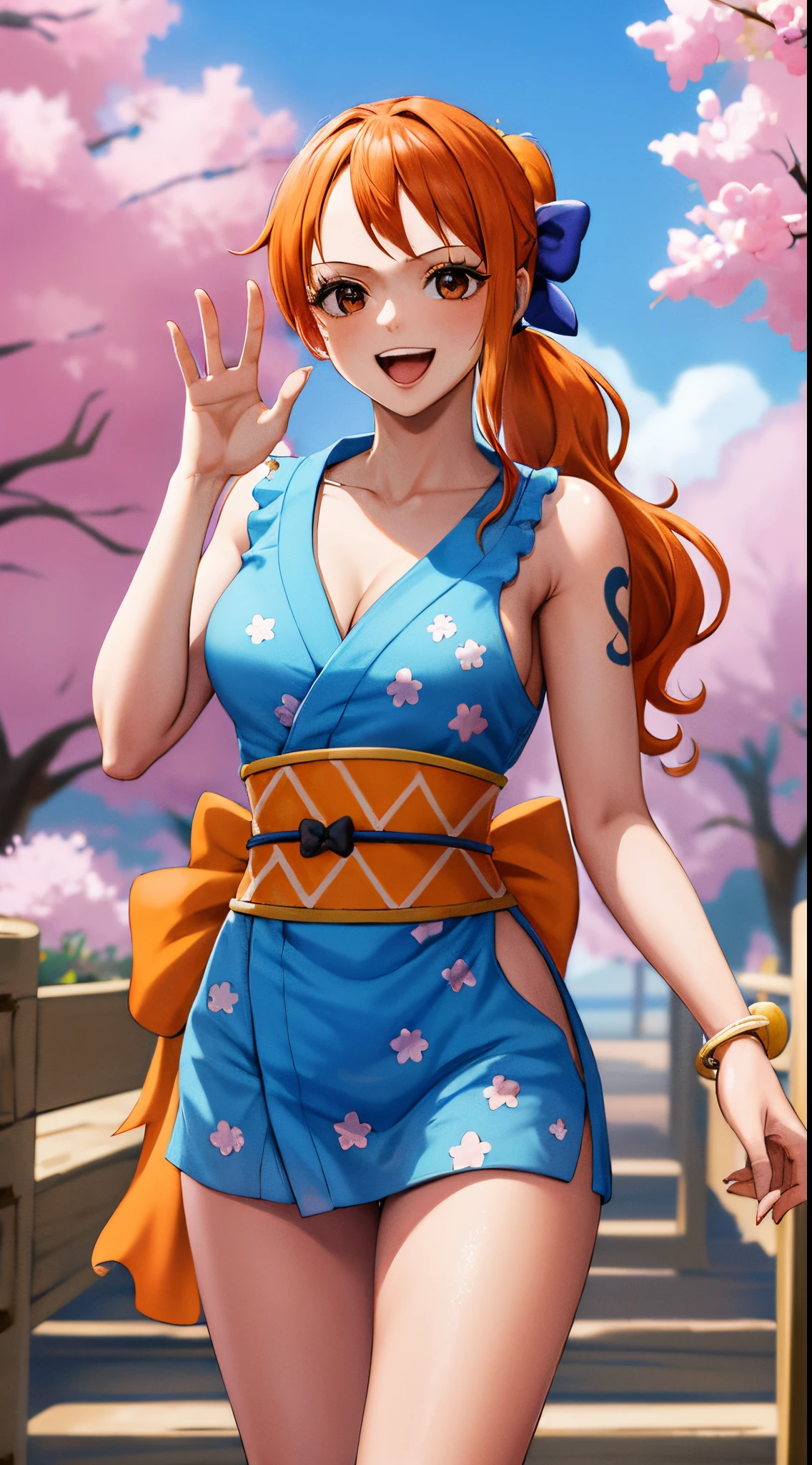 masterpiece, best quality, highres, nami (one piece), long hair, orange hair, low ponytail, hair bow, blue bow, brown eyes, collarbone, cleavage, short kimono, blue kimono, sleeveless, bare arms, bracelet, sash, obi, standing, cowboy shot, waving, outdoors, cherry blossoms, smile, open mouth,