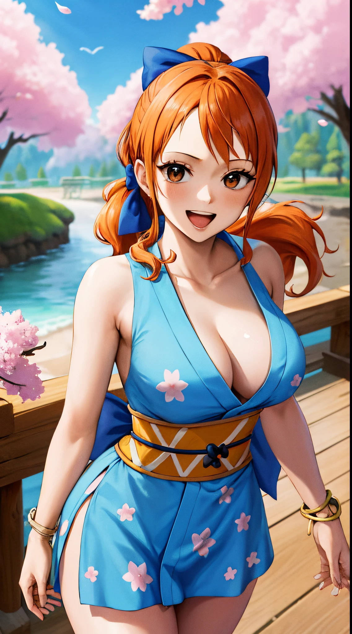 masterpiece, best quality, highres, nami (one piece), long hair, orange hair, low ponytail, hair bow, blue bow, brown eyes, collarbone, cleavage, short kimono, blue kimono, sleeveless, bare arms, bracelet, sash, obi, standing, cowboy shot, waving, outdoors, cherry blossoms, smile, open mouth,