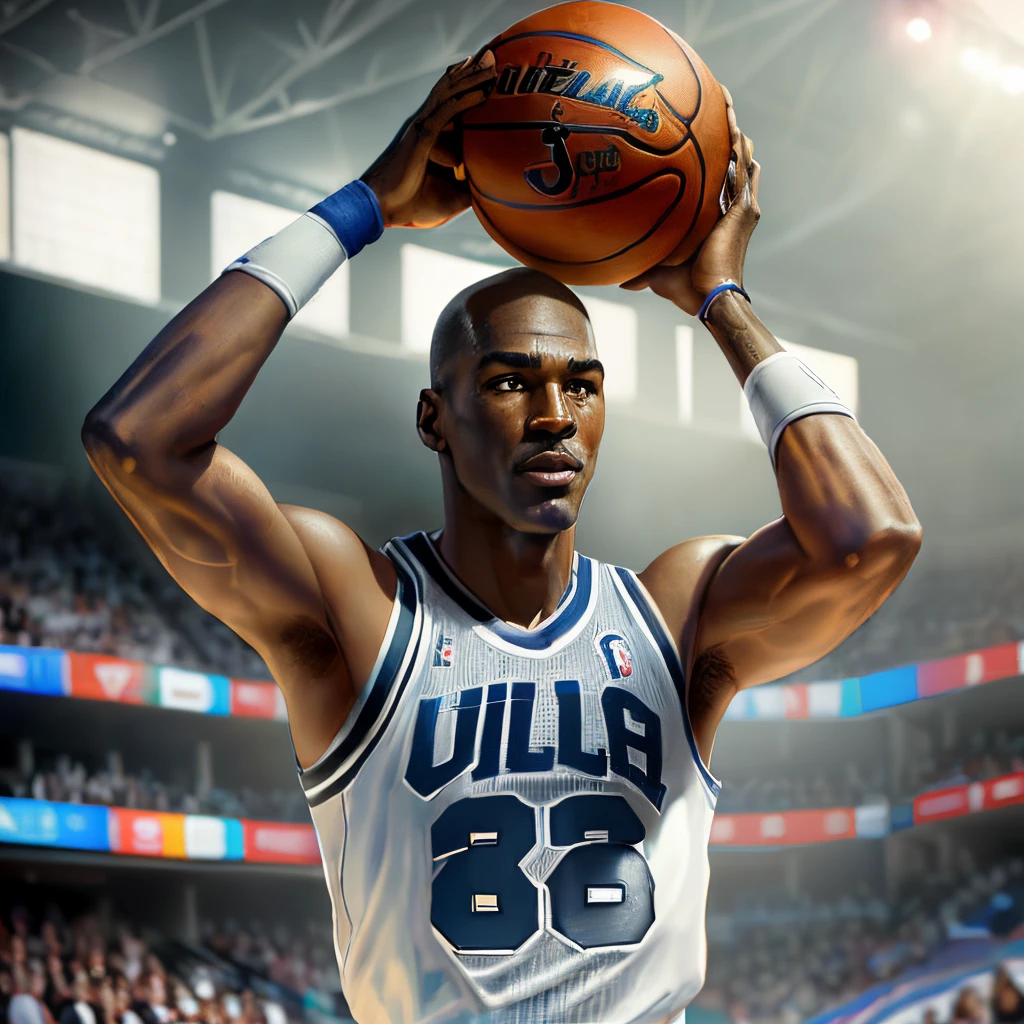 MICHAEL JORDAN with a BASKETBALL IN HAND , (obra-prima: 1.3), (best_quality: 1.3), (ultra_detailed: 1.5), 8k, extremamente_claro, realismo, (ultrarealista: 1.5)