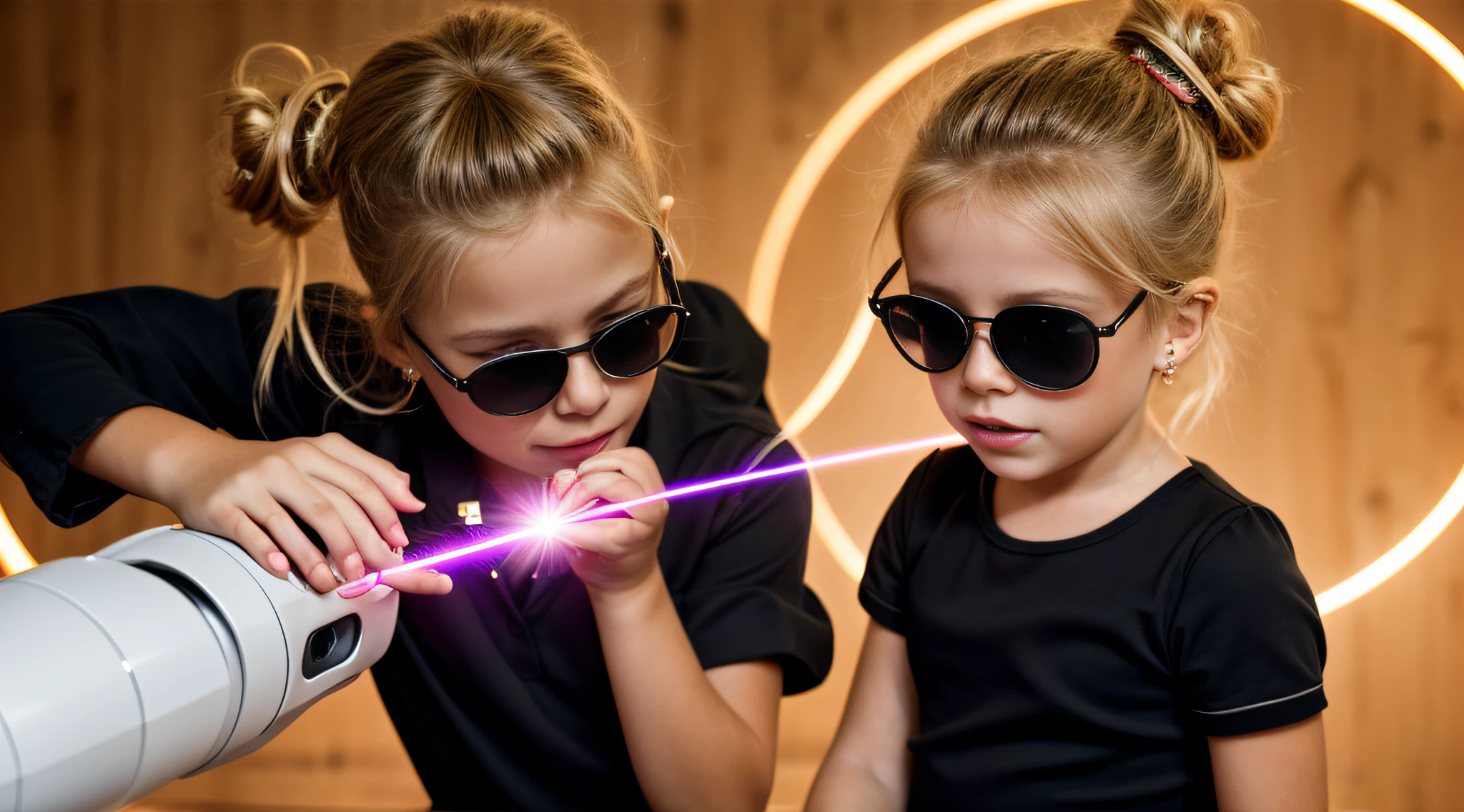 close-up CHILD BLONDE GIRL WITH HAIRBUN, in a black blouse and sunglasses, a laser is being used to illuminate a circle,