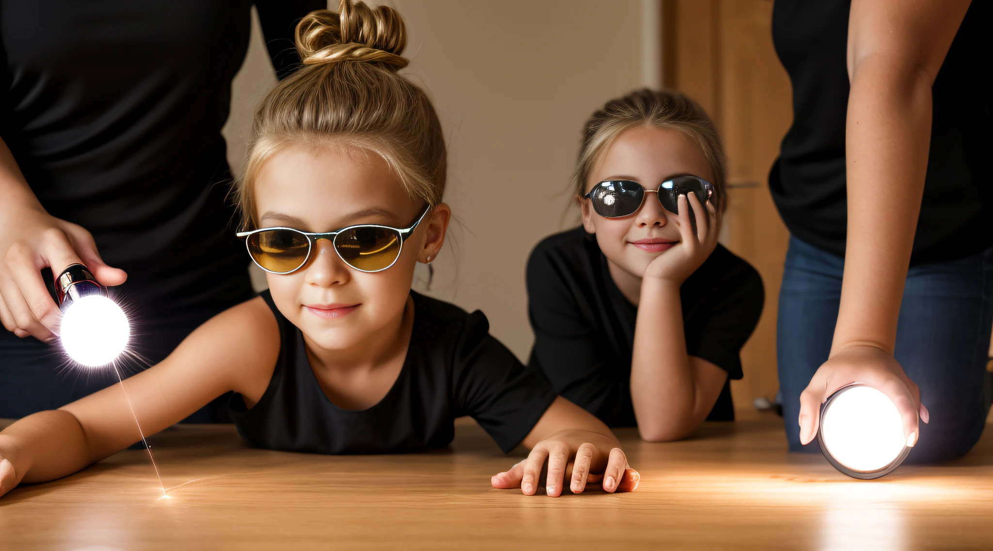 close-up CHILD BLONDE GIRL WITH HAIRBUN, in a black blouse and sunglasses, a laser is being used to illuminate a circle,