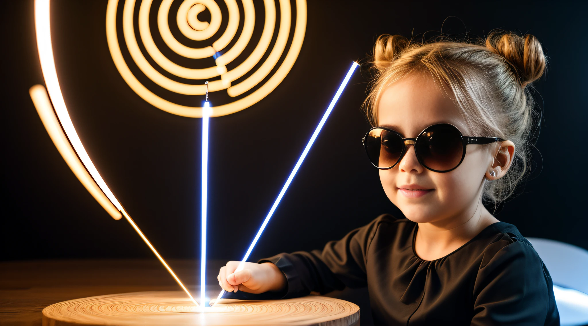 close-up CHILD BLONDE GIRL WITH HAIRBUN, in a black blouse and sunglasses, a laser is being used to illuminate a circle,