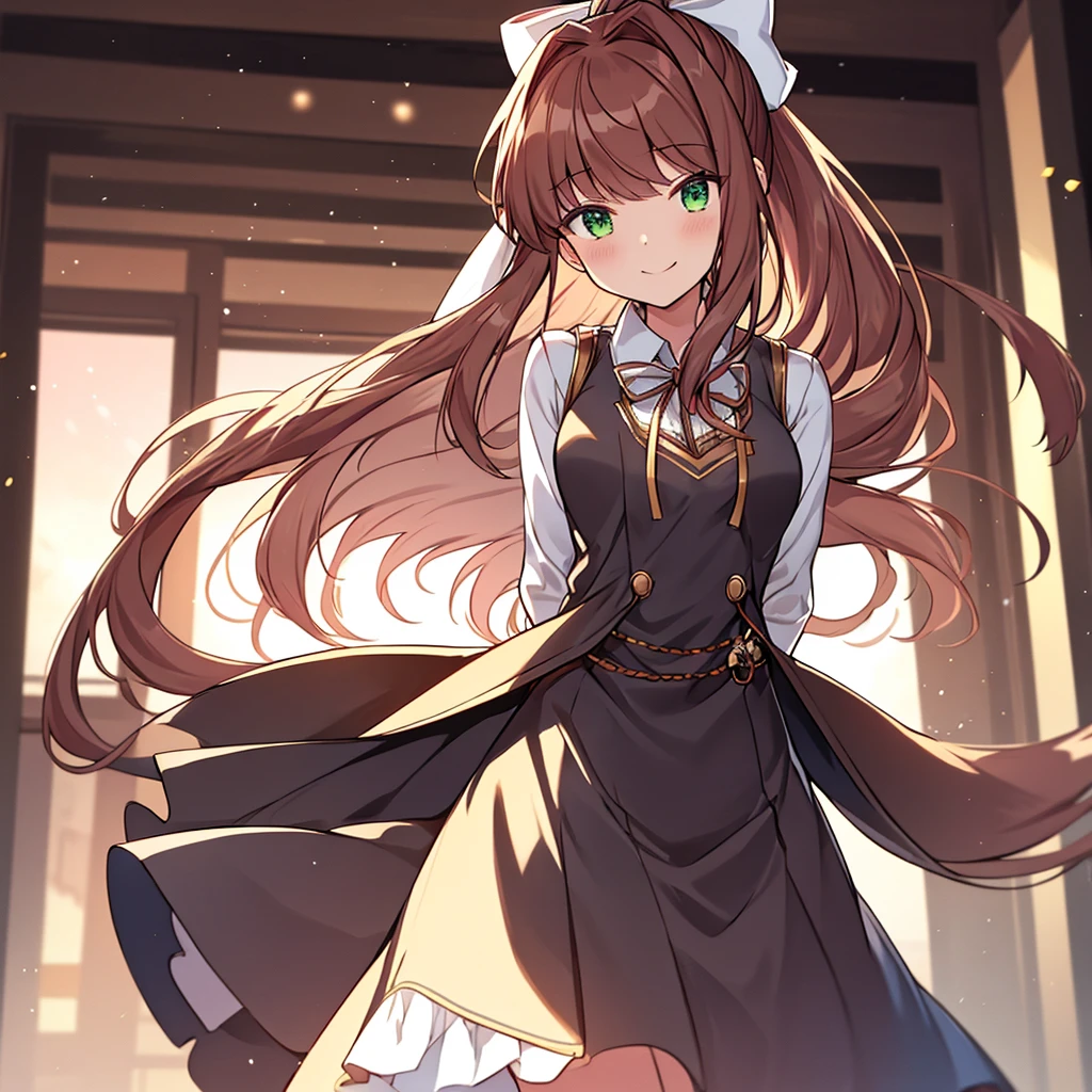 Monika in an office, beautiful lightning, bokeh, dress, alternate clothes, chest accesories, ornate dress, fashion dress, sun rays, fisheye, front view, 2d, masterpiece, best quality, anime, highly detailed eyes, highly detailed face, highly detailed background, perfect lighting, bokeh, cowboy shot, feet out of frame, 1girl, solo, classroom, school uniform, monika \(doki doki literature club\), doki doki literature club, alternate clothes, brown hair, very long hair, white bow, hair bow, ponytail, green eyes, medieval clothes, ornate dress, closed jacket, standing, (leaning forward:0.8), (arms behind back:1.2), smile