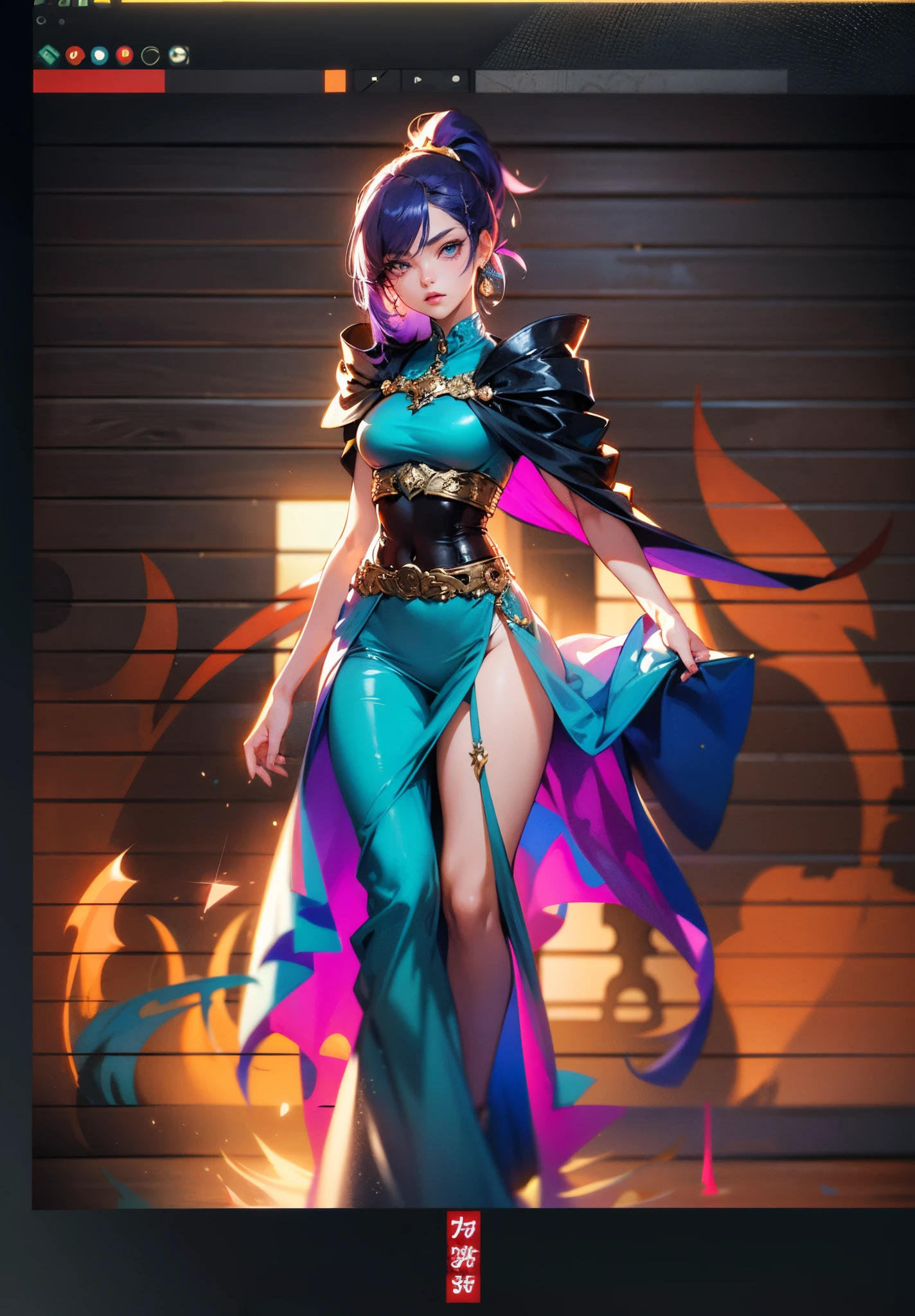 A beautiful young woman, long blue-purple hair, long bangs, ponytail, sharp gaze, a serious expression, a slender and athletic figure, a fantasy martial arts-style two-piece outfit, a fitted qipao-style long skirt, a blue-purple long cloak that almost covers her entire body, adorning her chest is an exquisite jade decorative brooch, purple mist swirls around her, a mysterious atmosphere, this character embodies a finely crafted fantasy martial arts-style female warrior in anime style, exquisite and mature manga art style, high definition, best quality, highres, ultra-detailed, ultra-fine painting, extremely delicate, professional, anatomically correct, symmetrical face, extremely detailed eyes and face, high quality eyes, creativity, RAW photo, UHD, 8k, Natural light, cinematic lighting, masterpiece-anatomy-perfect, masterpiece:1.5