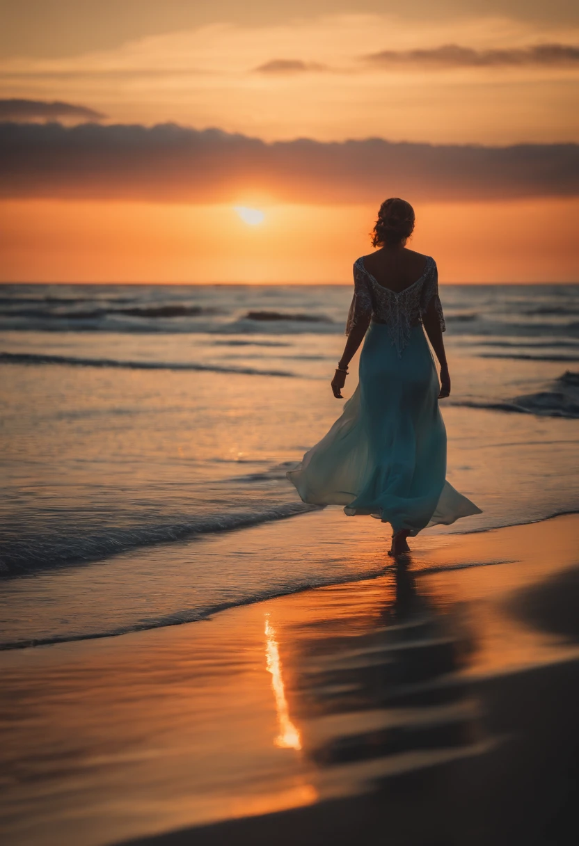 A photo of a serene and tranquil morning sunrise over the ocean,original,Wearing beautiful clothes and having a nice body, female
