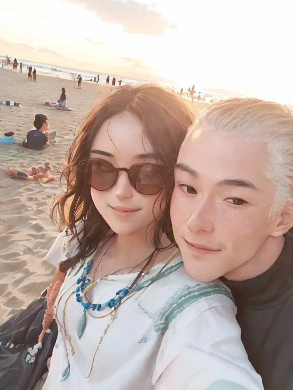 there is a man and woman taking a selfie on the beach, on the beach at sunset, on the beach during sunset, at beach at sunset, at the beach on a sunset, on a beach, beach pic, on a sunny beach, at the sunset, sunset on the beach, sunset!, at the beach, on the beach, sunset at the beach, on beach