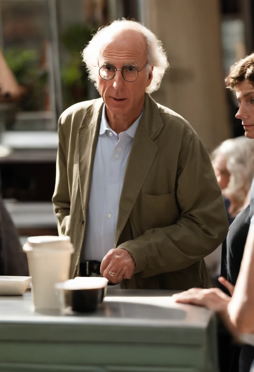 A photo of Larry rolling his eyes while standing in a long line at a coffee shop.,Curb Your Enthusiasm,Larry David, the character from “Curb Your Enthusiasm,” mirrors his real-life counterpart with a casual, often disheveled appearance, typically seen in khaki pants, a loose-fitting shirt, and sneakers. He is balding, with a rim of curly hair, and he carries a bemused expression that often shifts into one of exasperation or incredulity, male