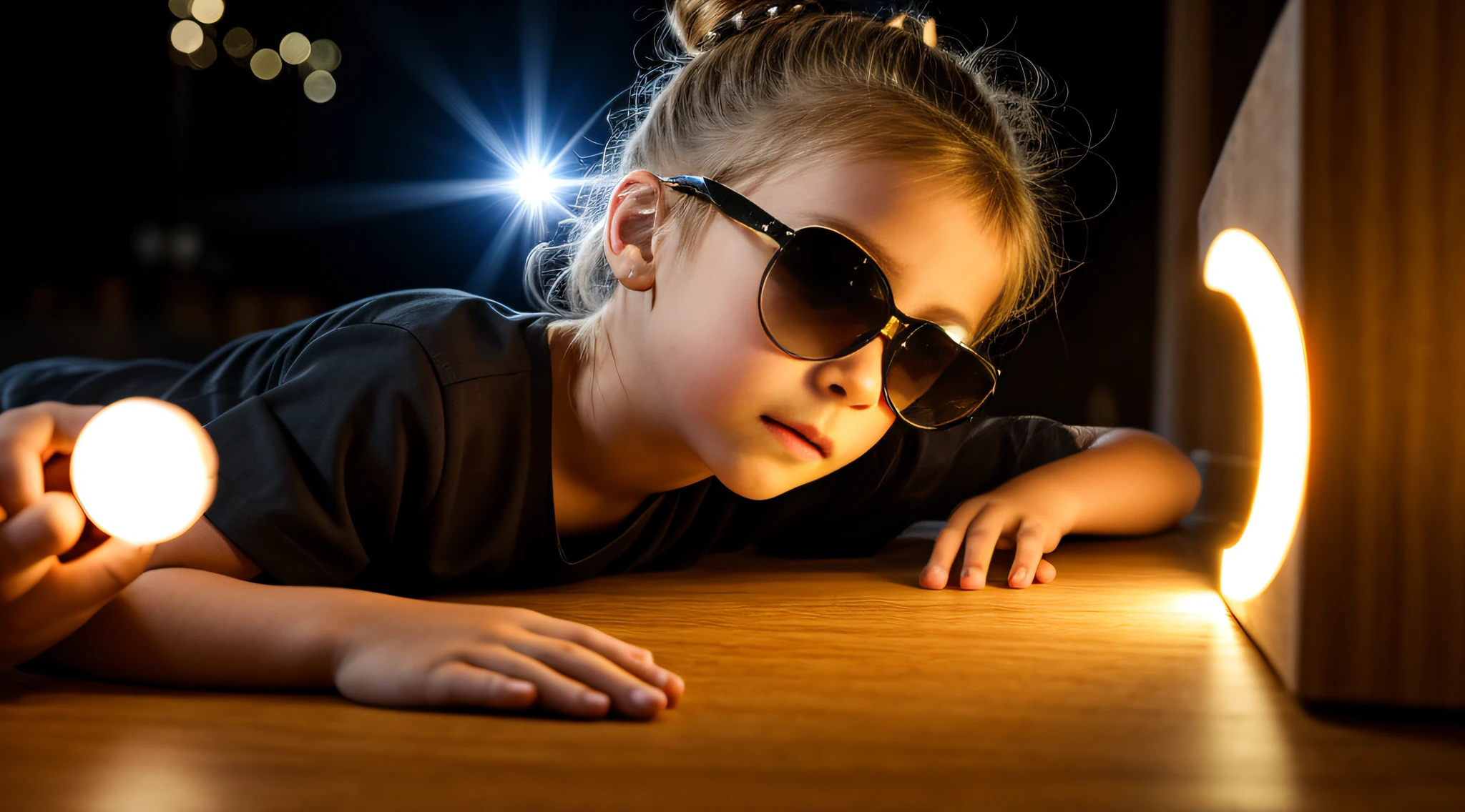 close-up CHILD BLONDE GIRL WITH HAIRBUN, in a black blouse and sunglasses, a laser is being used to illuminate a circle, fundo escuro